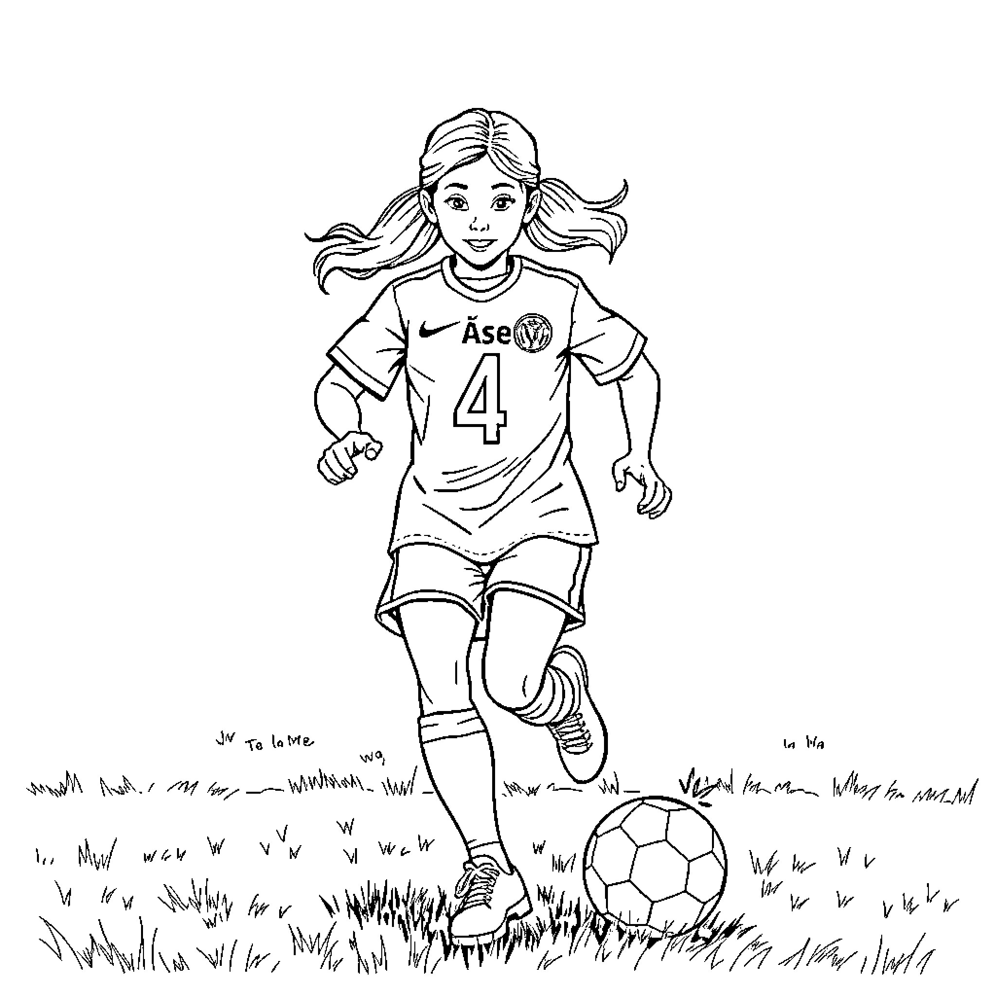 Girl Soccer Player Running with Ball on Grassy Field Coloring Page (free black-and-white line drawing printable PDF for all, from beginners to advanced learners, including children, teens, adults, and seniors)
