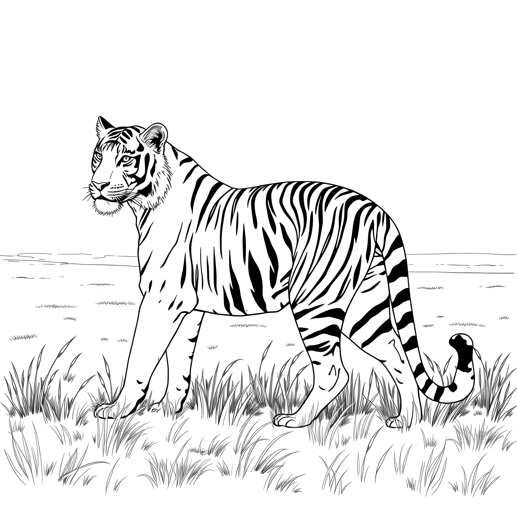 Tiger prowling through the wilderness Coloring Page (free black-and-white line drawing printable PDF for all, from beginners to advanced learners, including children, teens, adults, and seniors)