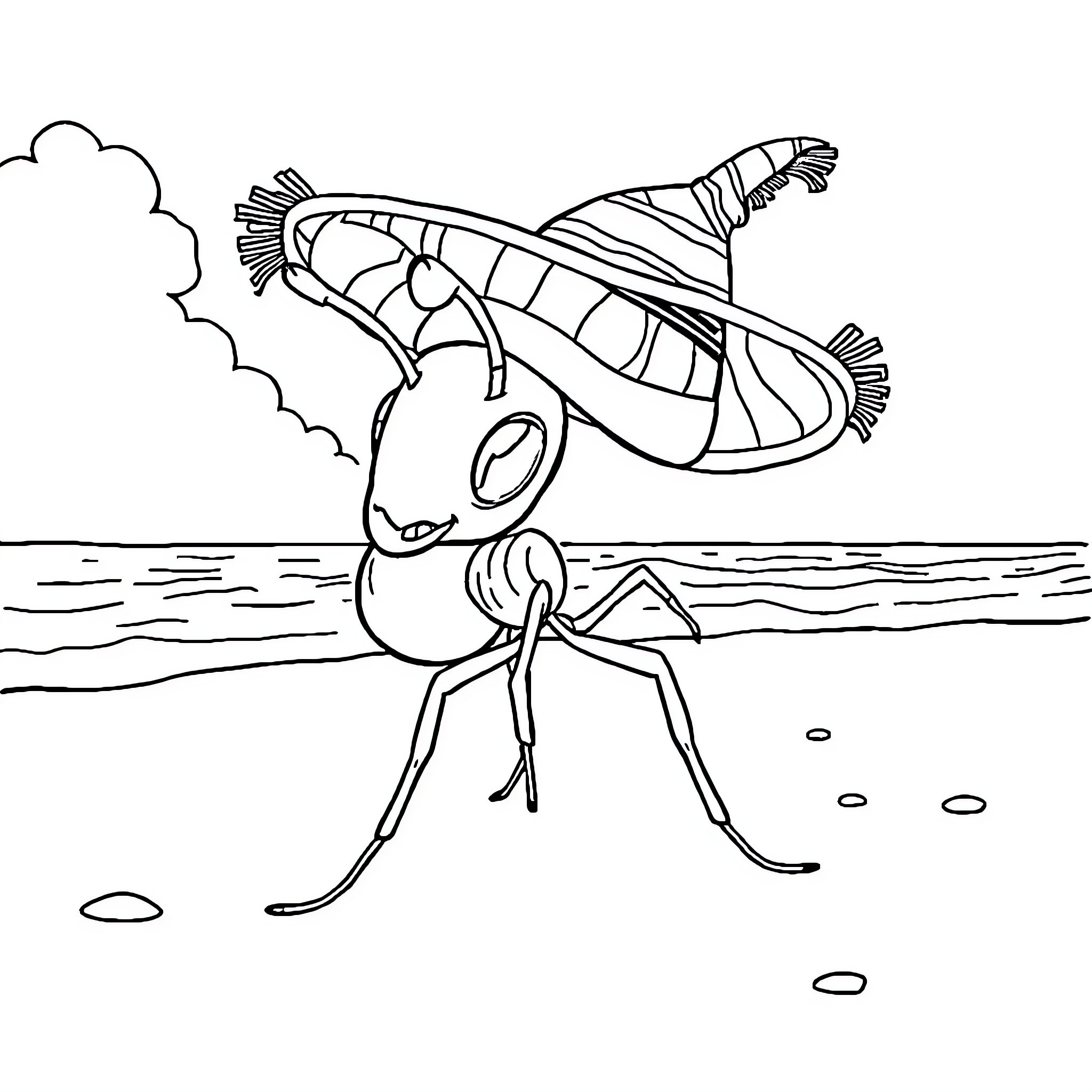 Ant exploring the beach with a unique hat Coloring Page (free black-and-white line drawing printable PDF for all, from beginners to advanced learners, including children, teens, adults, and seniors)