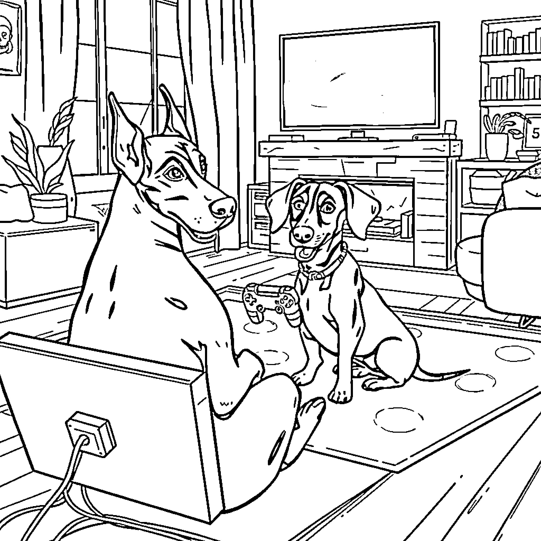 Dogs relaxing in cozy home setting Coloring Page (free black-and-white line drawing printable PDF for all, from beginners to advanced learners, including children, teens, adults, and seniors)