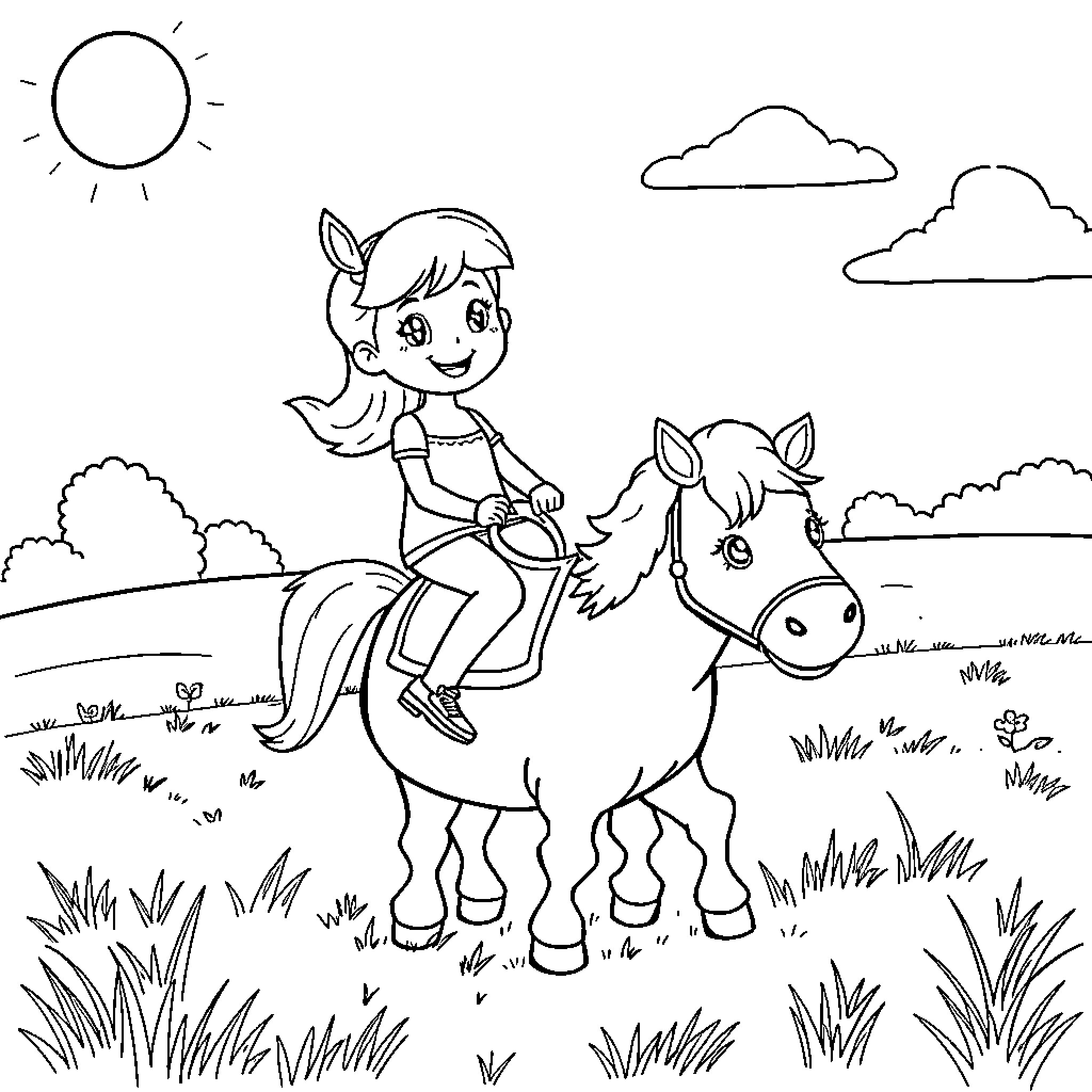 Midget girl riding a pony in the countryside Coloring Page (free black-and-white line drawing printable PDF for all, from beginners to advanced learners, including children, teens, adults, and seniors)