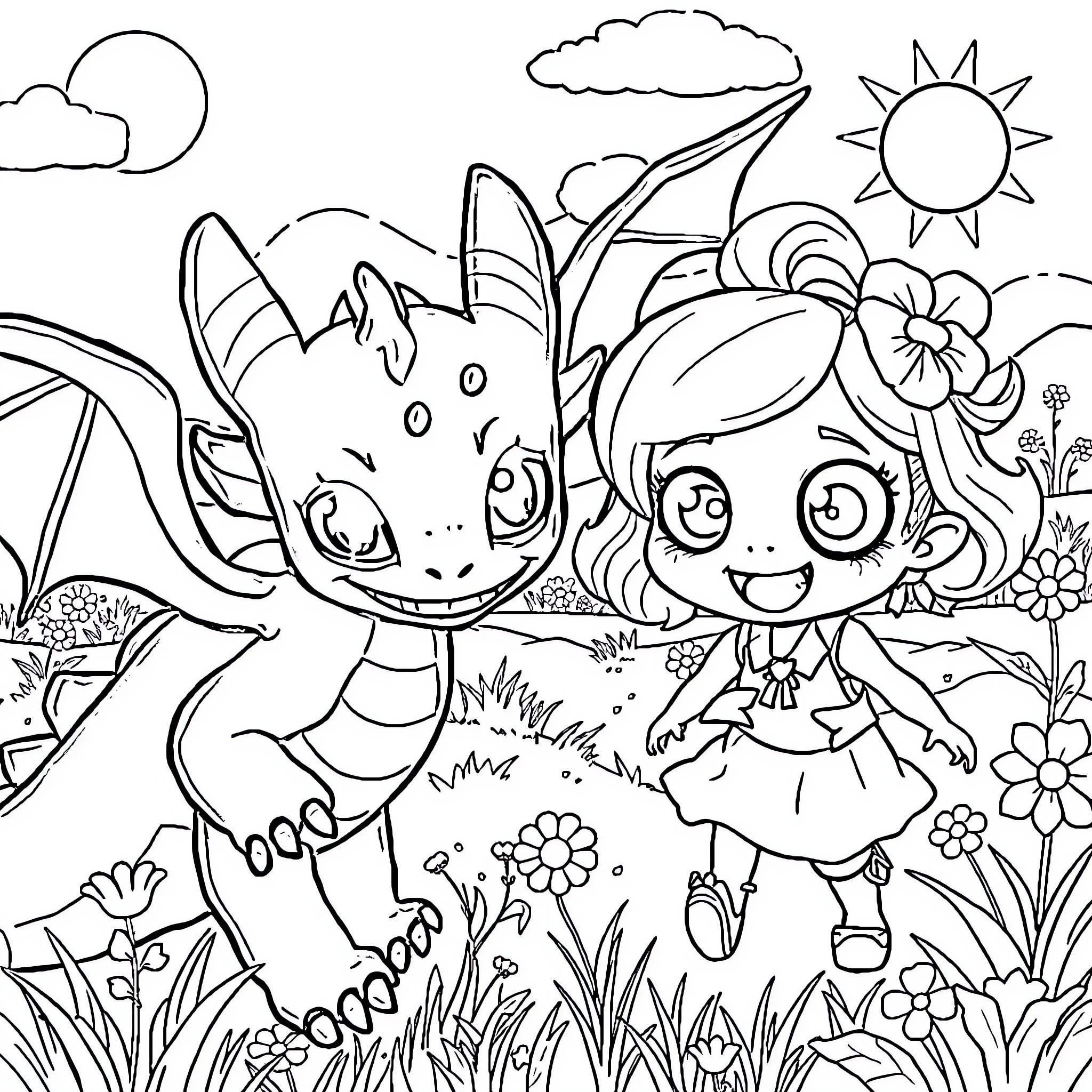 Toothless friends explore the enchanted garden Coloring Page (free black-and-white line drawing printable PDF for all, from beginners to advanced learners, including children, teens, adults, and seniors)