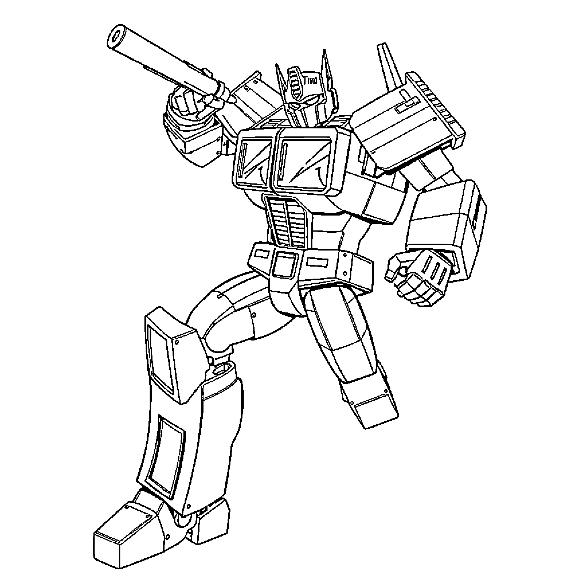Optimus Prime in combat-ready pose Coloring Page (free black-and-white line drawing printable PDF for all, from beginners to advanced learners, including children, teens, adults, and seniors)