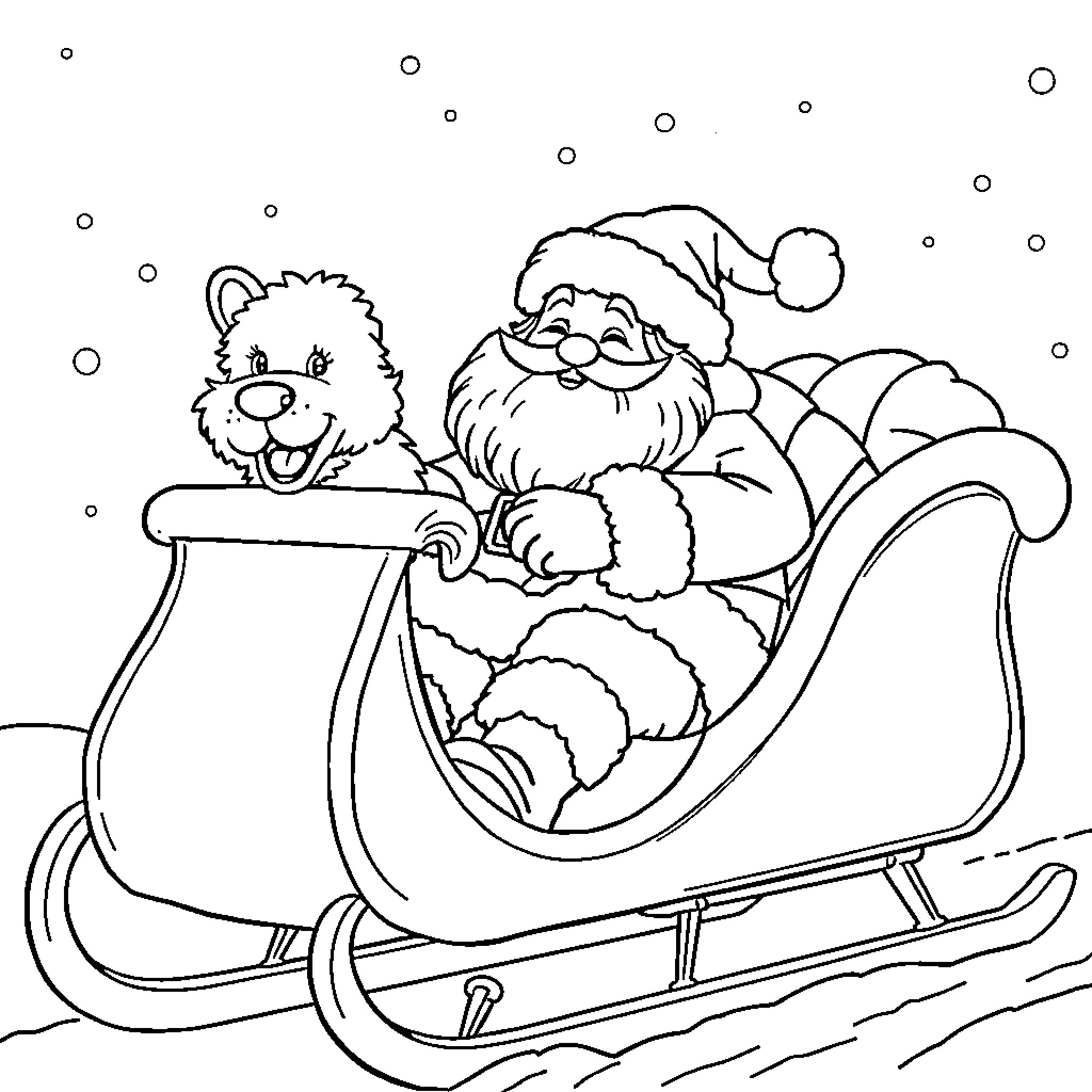 Santa riding in his sleigh with a furry companion Coloring Page (free black-and-white line drawing printable PDF for all, from beginners to advanced learners, including children, teens, adults, and seniors)