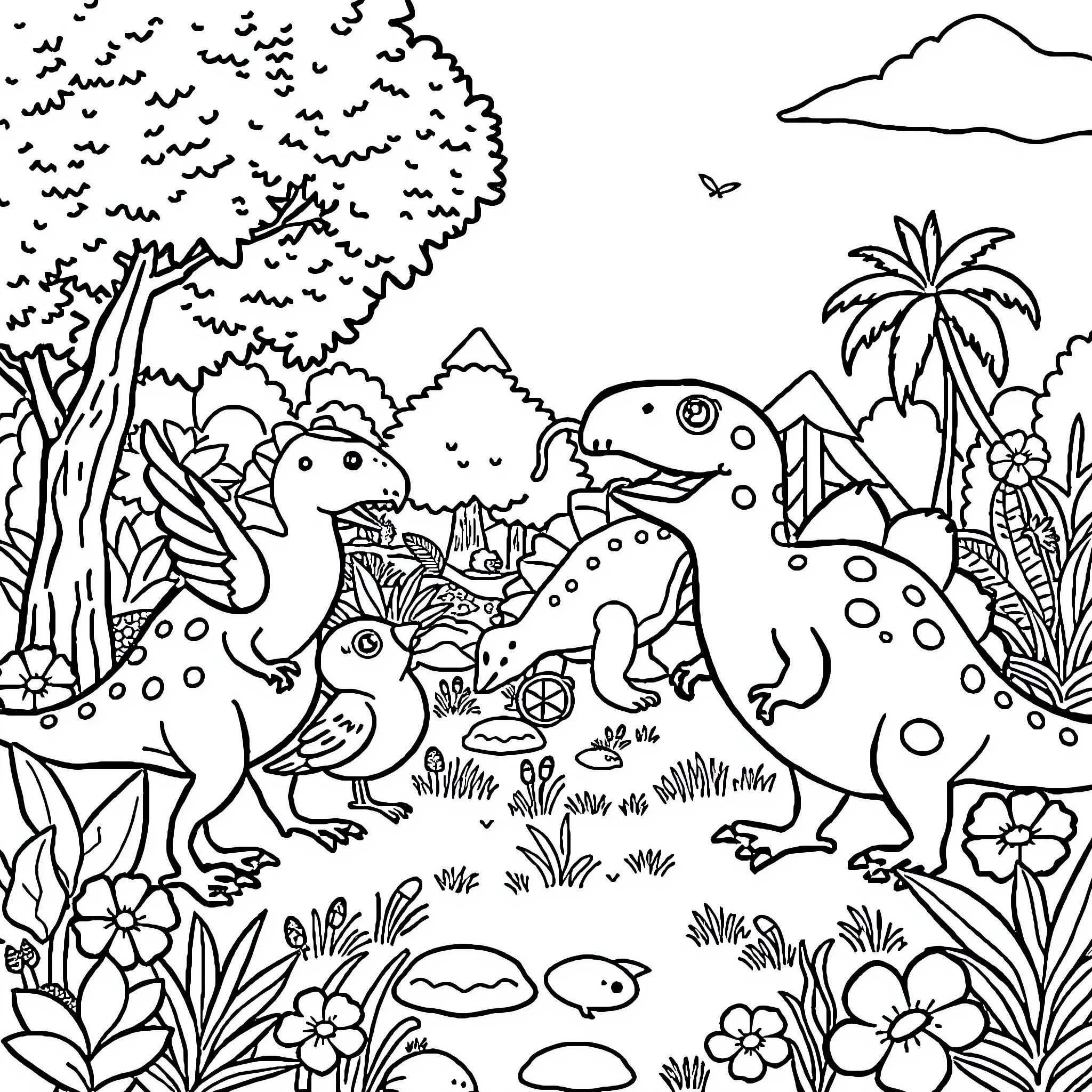 Bird dinosaurs in the tropical landscape Coloring Page (free black-and-white line drawing printable PDF for all, from beginners to advanced learners, including children, teens, adults, and seniors)