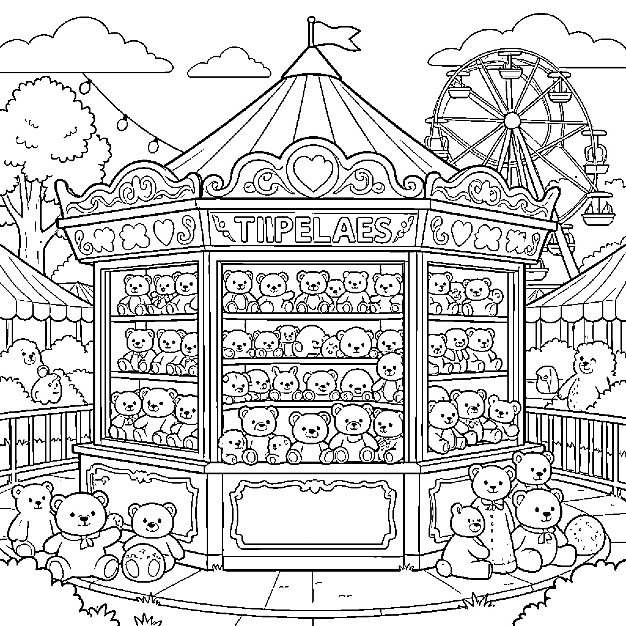 Teddy Bear display inside a carnival game stall Coloring Page (free black-and-white line drawing printable PDF for all, from beginners to advanced learners, including children, teens, adults, and seniors)