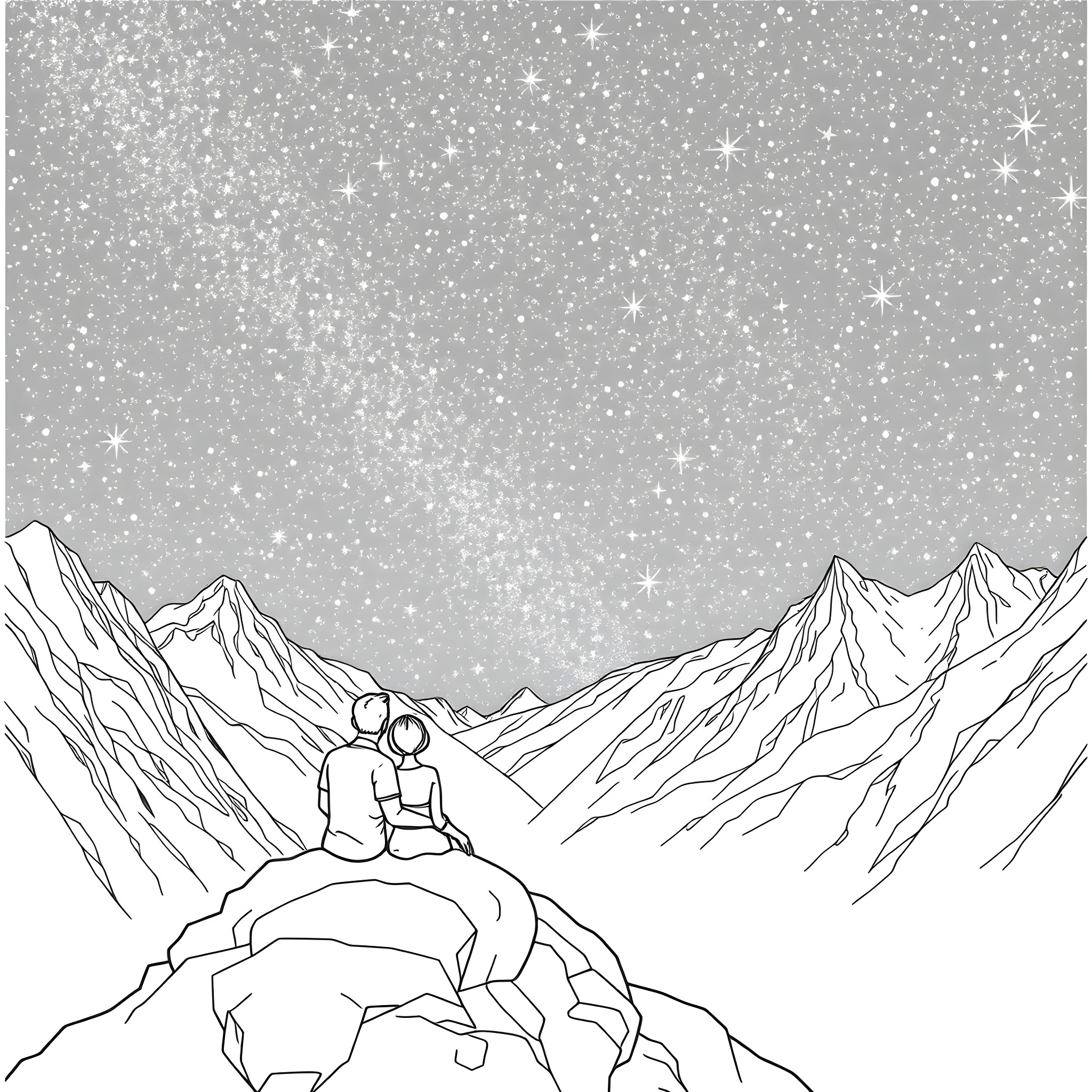 Couple gazing at starry night sky in mountains Coloring Page (free black-and-white line drawing printable PDF for all, from beginners to advanced learners, including children, teens, adults, and seniors)