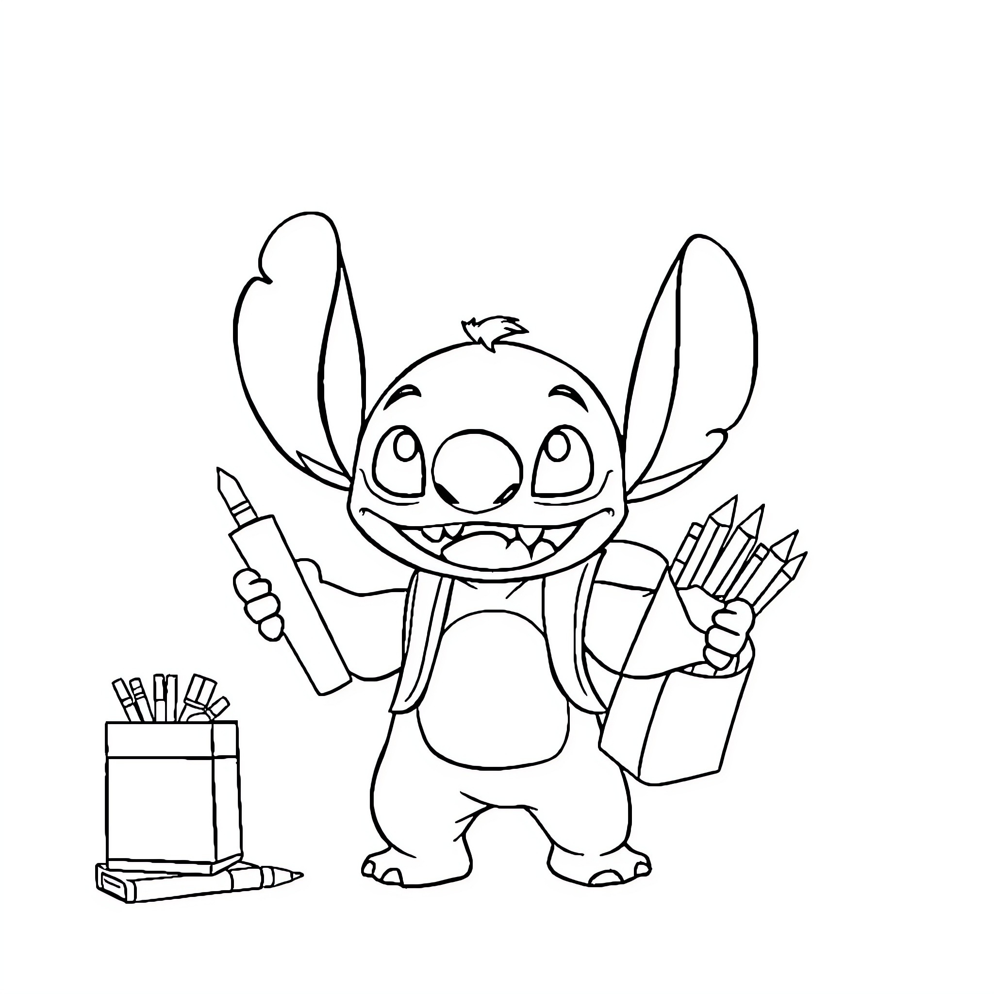 Stitch excited with art supplies Coloring Page (free black-and-white line drawing printable PDF for all, from beginners to advanced learners, including children, teens, adults, and seniors)