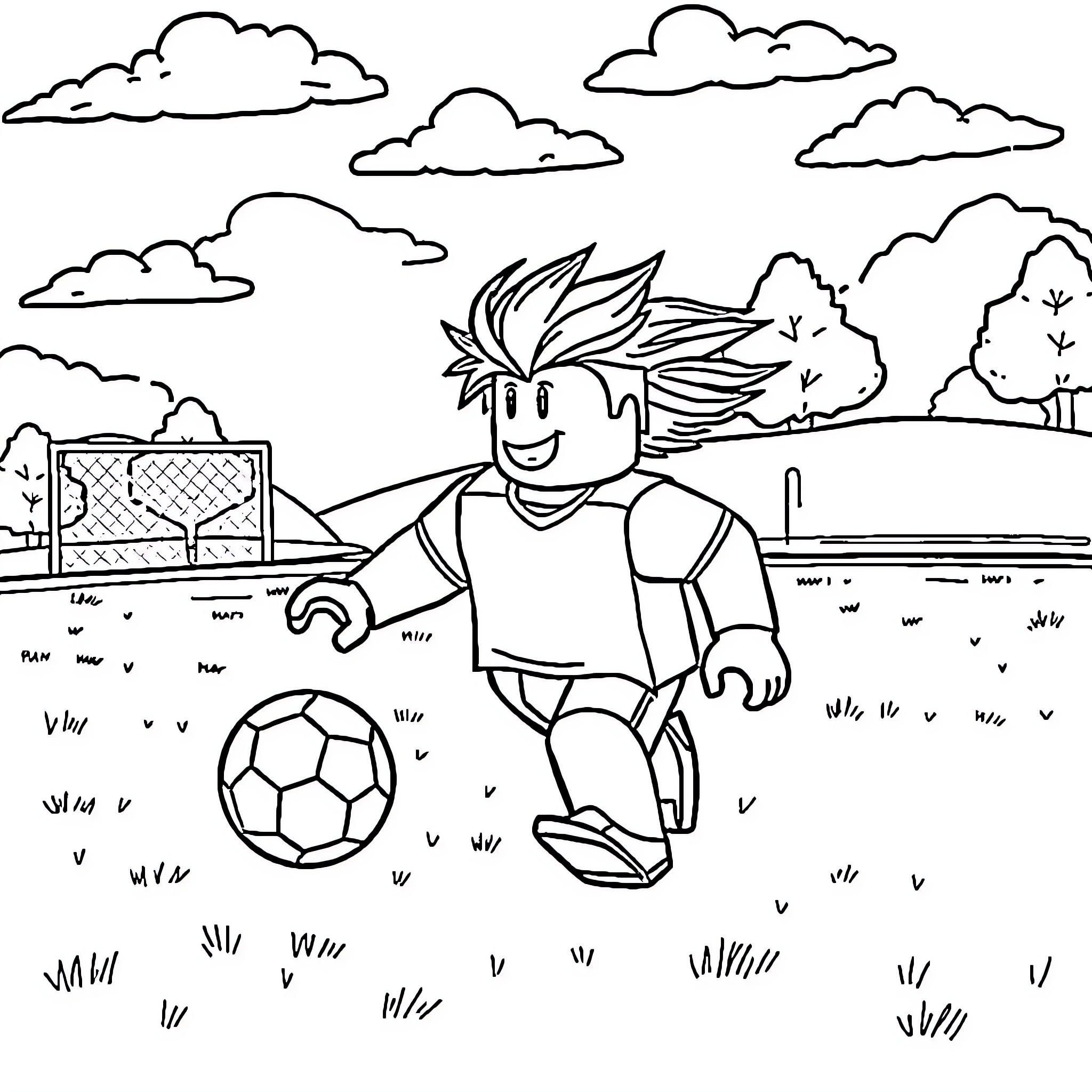 Roblox Character Playing Soccer in the Park Coloring Page (free black-and-white line drawing printable PDF for all, from beginners to advanced learners, including children, teens, adults, and seniors)
