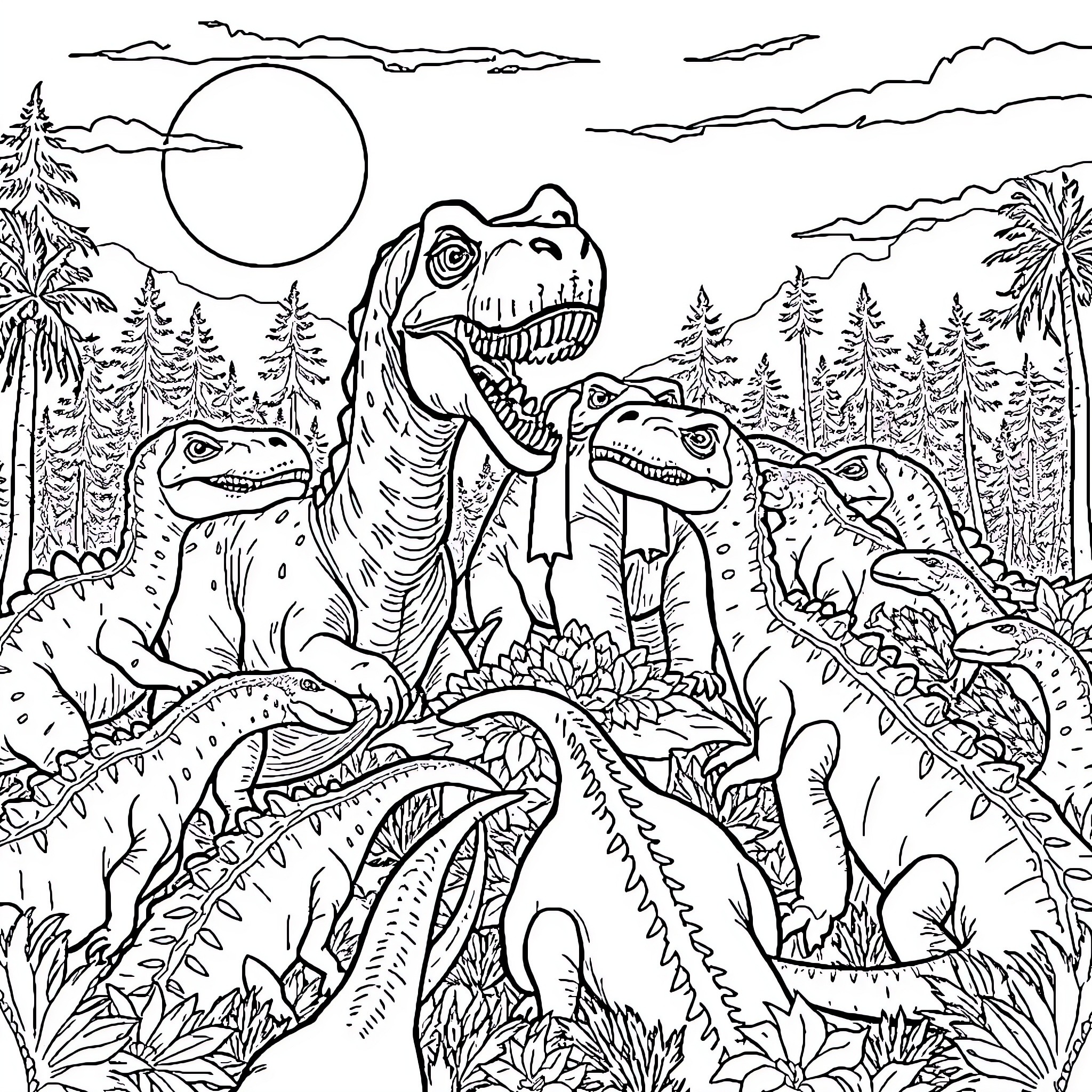 Dinosaurs exploring the prehistoric landscape Coloring Page (free black-and-white line drawing printable PDF for all, from beginners to advanced learners, including children, teens, adults, and seniors)