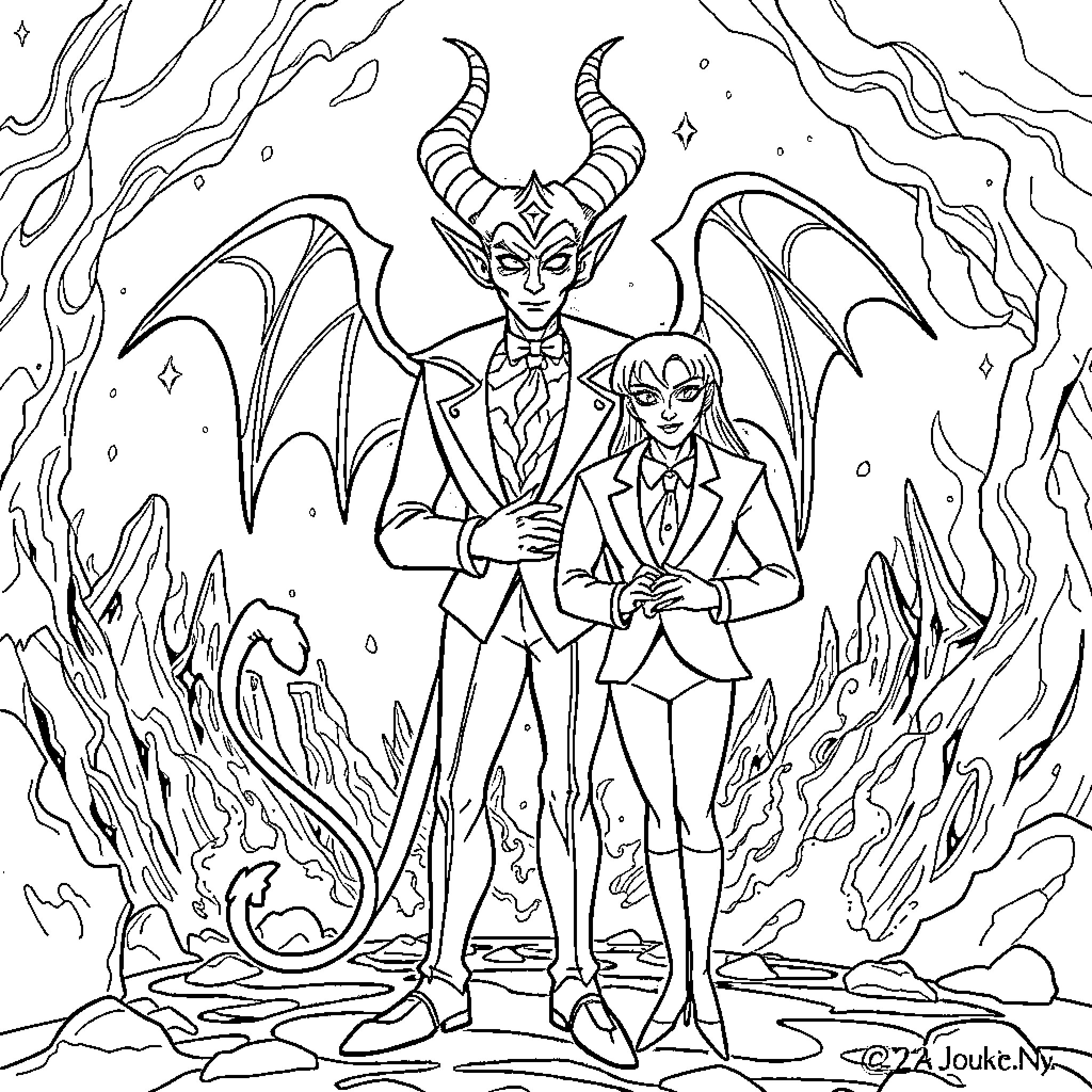 Lucifer's Demonic Duo: A Sinister Dance Coloring Page (free black-and-white line drawing printable PDF for all, from beginners to advanced learners, including children, teens, adults, and seniors)