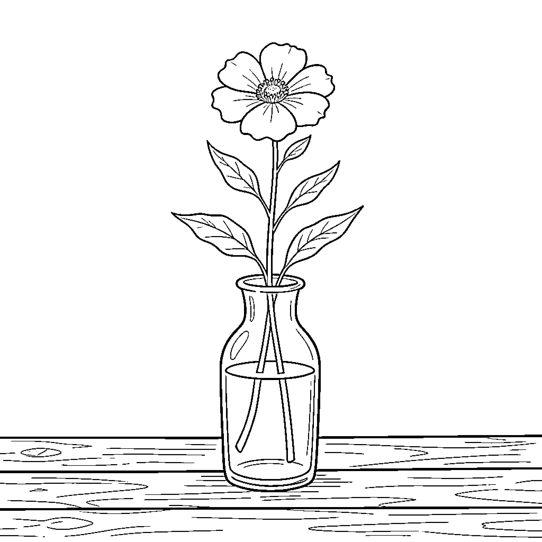 Flower sitting in a glass vase on a wooden table Coloring Page (free black-and-white line drawing printable PDF for all, from beginners to advanced learners, including children, teens, adults, and seniors)