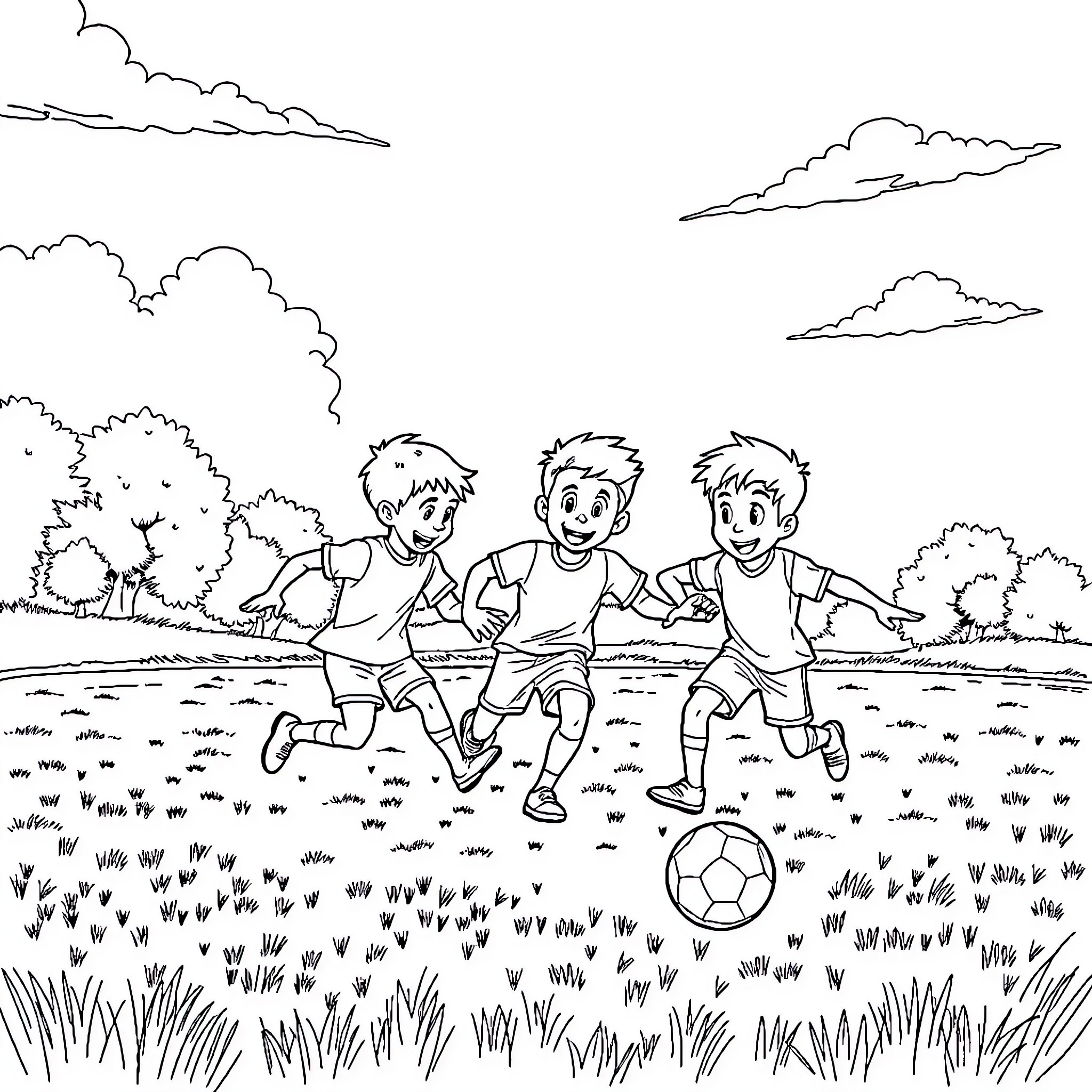 Tom Tom Boys Playing Soccer in the Park Coloring Page (free black-and-white line drawing printable PDF for all, from beginners to advanced learners, including children, teens, adults, and seniors)