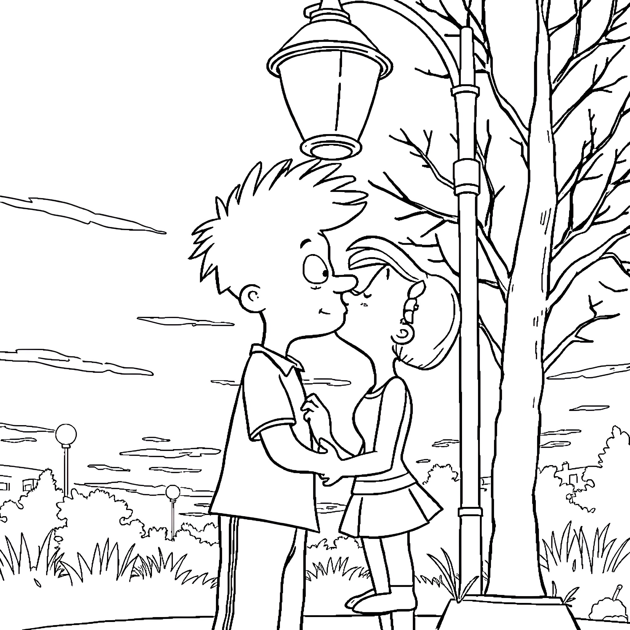 Hey Arnold sharing a tender moment with a friend Coloring Page (free black-and-white line drawing printable PDF for all, from beginners to advanced learners, including children, teens, adults, and seniors)