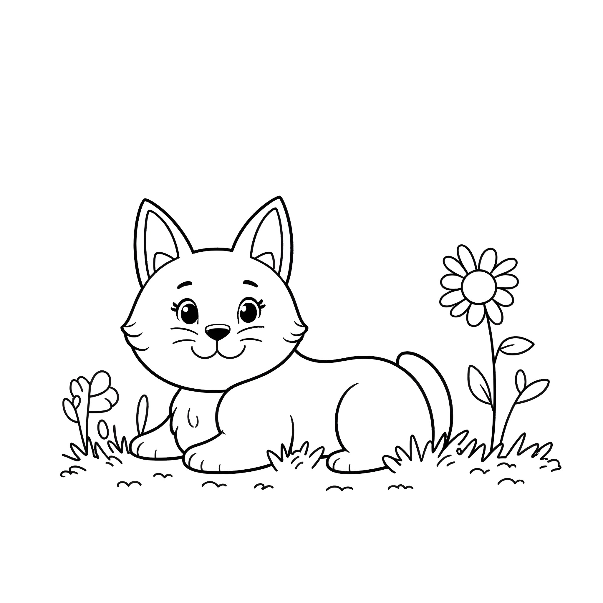 Cat in a floral field Coloring Page (free black-and-white line drawing printable PDF for all, from beginners to advanced learners, including children, teens, adults, and seniors)