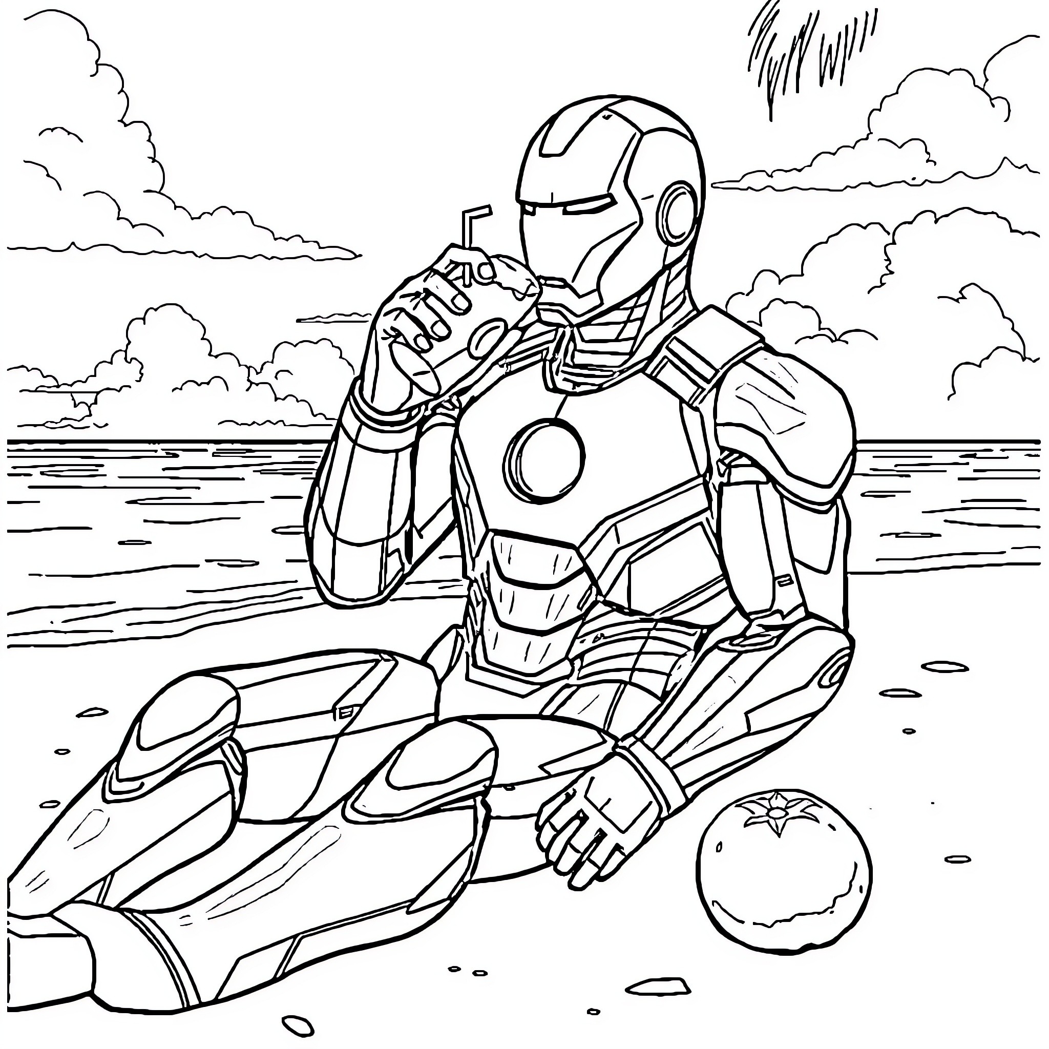 Iron Man navigating through a stormy seascape Coloring Page (free black-and-white line drawing printable PDF for all, from beginners to advanced learners, including children, teens, adults, and seniors)