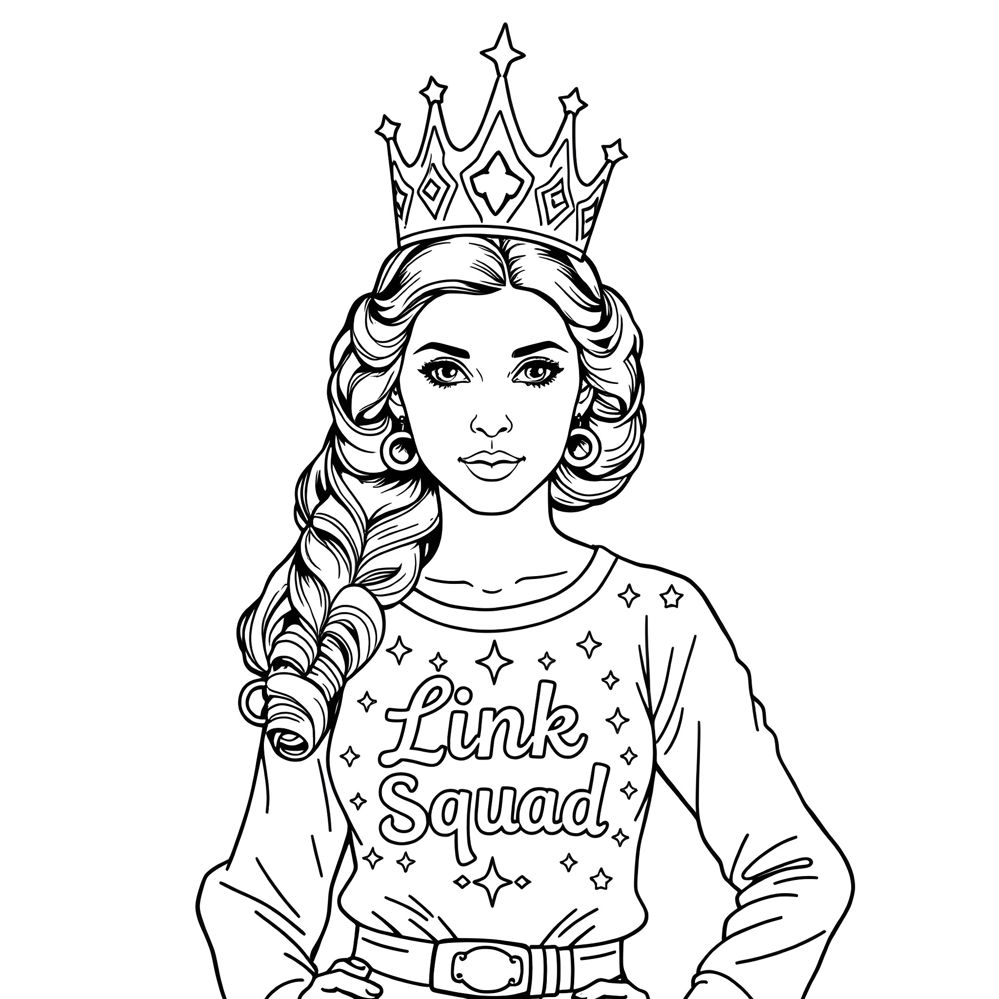 Princess Leia in regal attire and crown Coloring Page (free black-and-white line drawing printable PDF for all, from beginners to advanced learners, including children, teens, adults, and seniors)