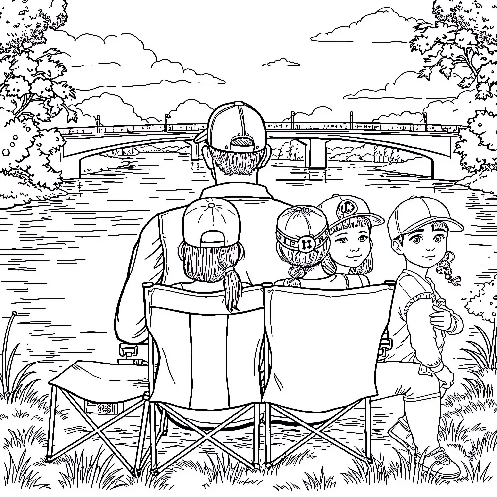Father and Daughter Enjoying a Scenic Picnic Coloring Page (free black-and-white line drawing printable PDF for all, from beginners to advanced learners, including children, teens, adults, and seniors)
