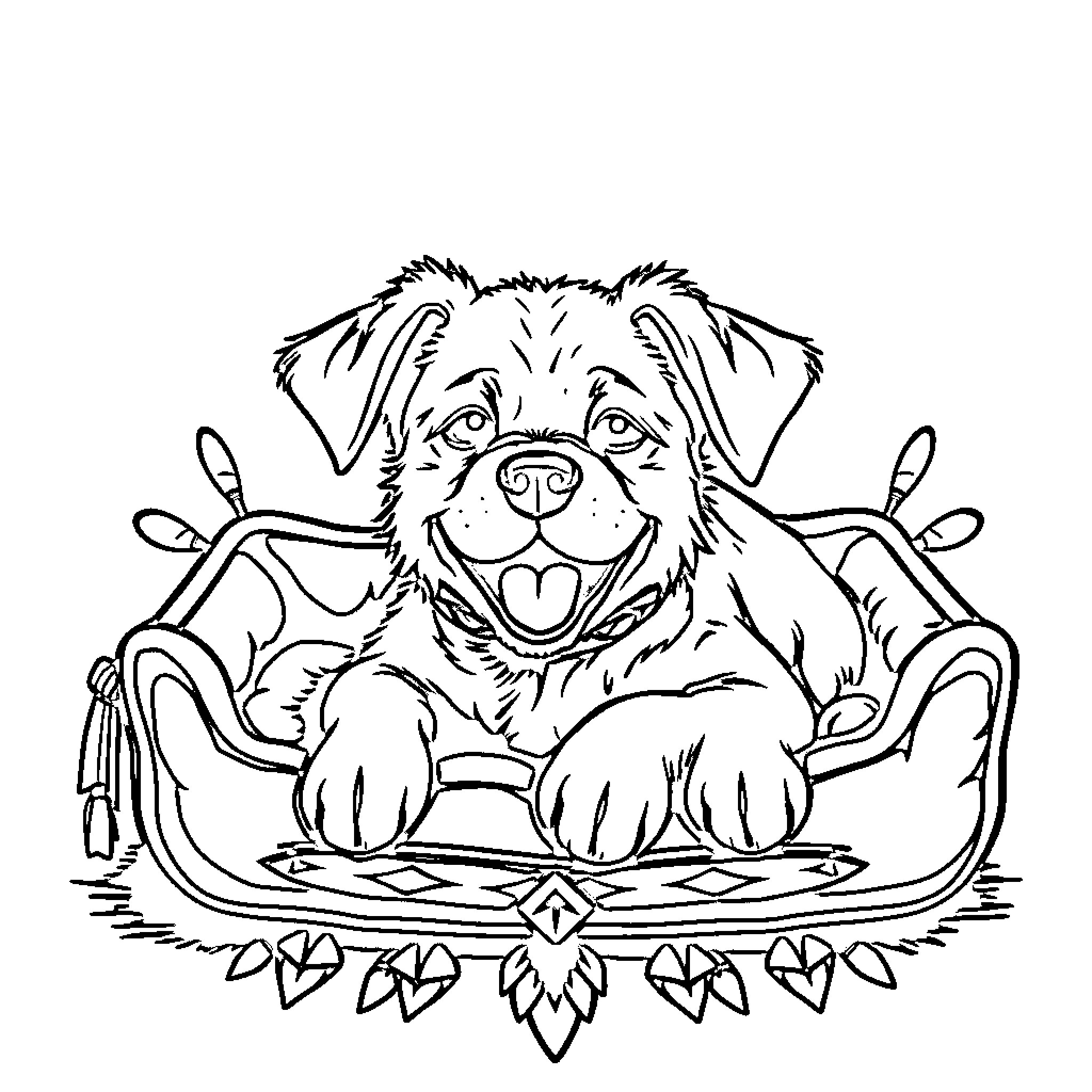 Dog lounging comfortably on decorative couch Coloring Page (free black-and-white line drawing printable PDF for all, from beginners to advanced learners, including children, teens, adults, and seniors)