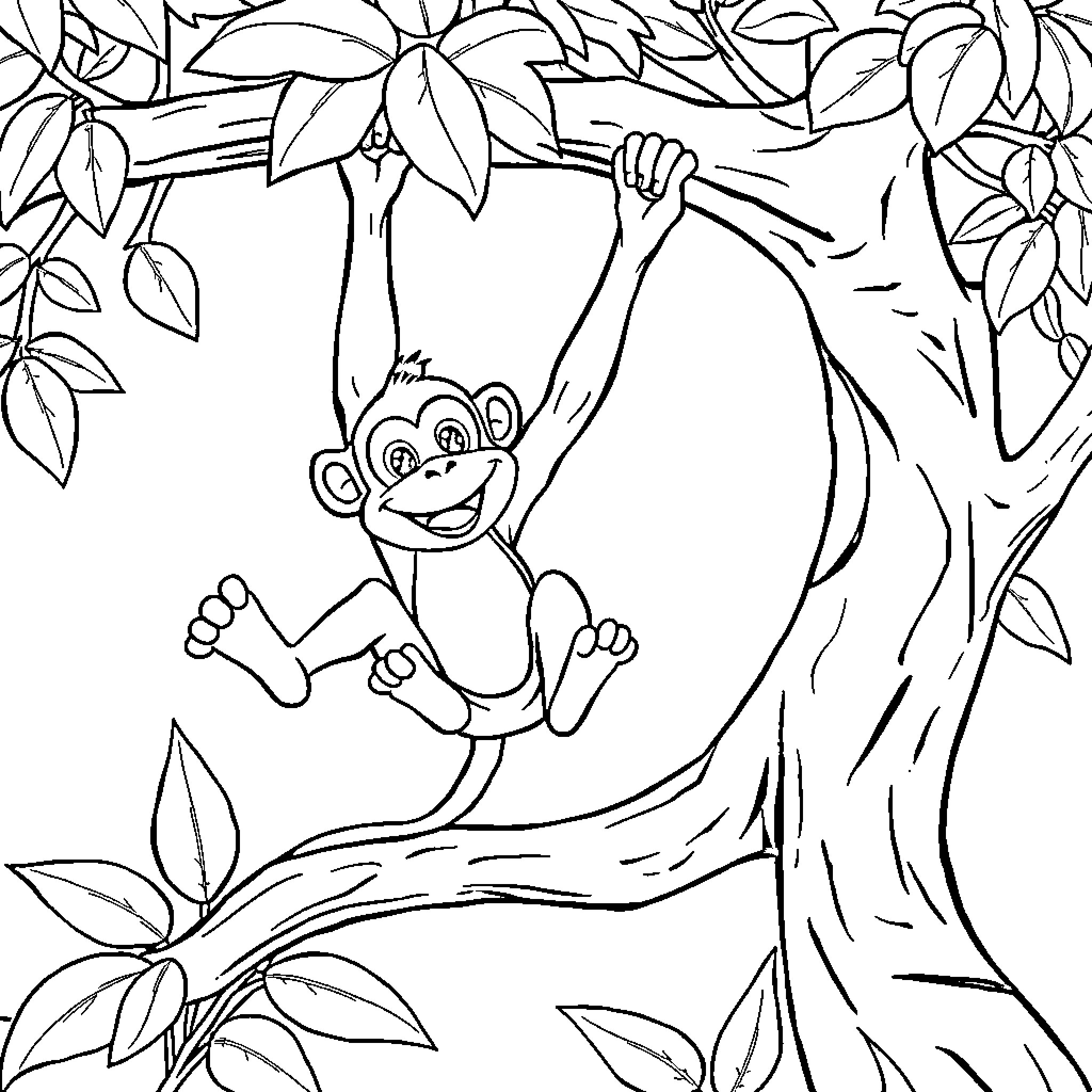 Monkey swinging on a tree branch Coloring Page (free black-and-white line drawing printable PDF for all, from beginners to advanced learners, including children, teens, adults, and seniors)