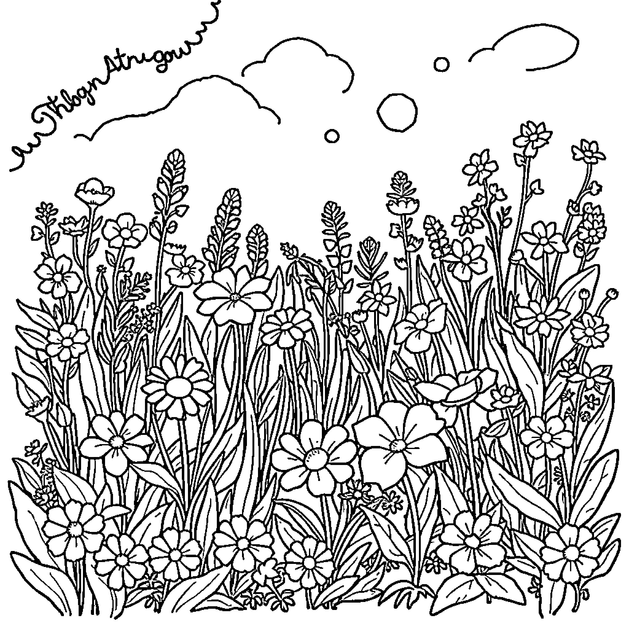 Garden filled with diverse blooming flowers Coloring Page (free black-and-white line drawing printable PDF for all, from beginners to advanced learners, including children, teens, adults, and seniors)