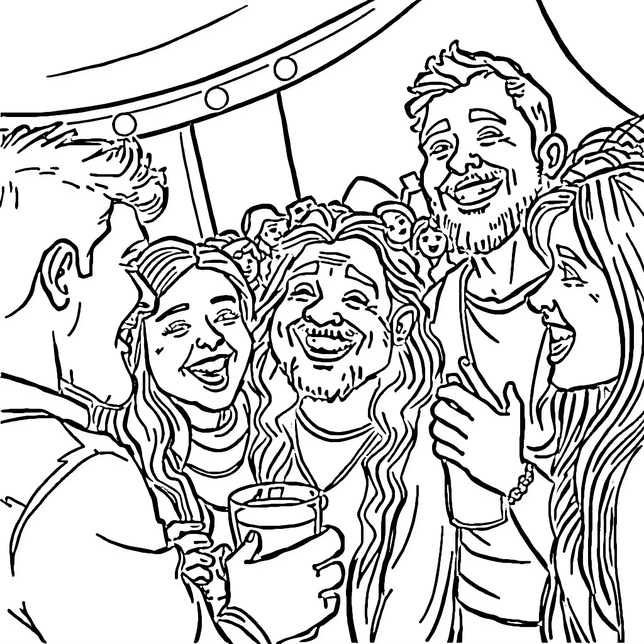 Gus Dur celebrating with a crowd of joyful people Coloring Page (free black-and-white line drawing printable PDF for all, from beginners to advanced learners, including children, teens, adults, and seniors)