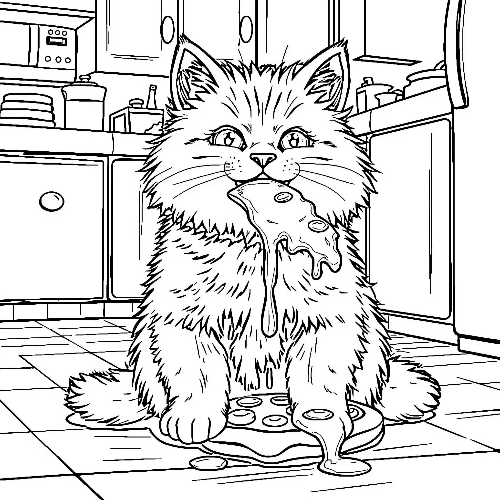 Cat in a Messy Kitchen Coloring Page (free black-and-white line drawing printable PDF for all, from beginners to advanced learners, including children, teens, adults, and seniors)