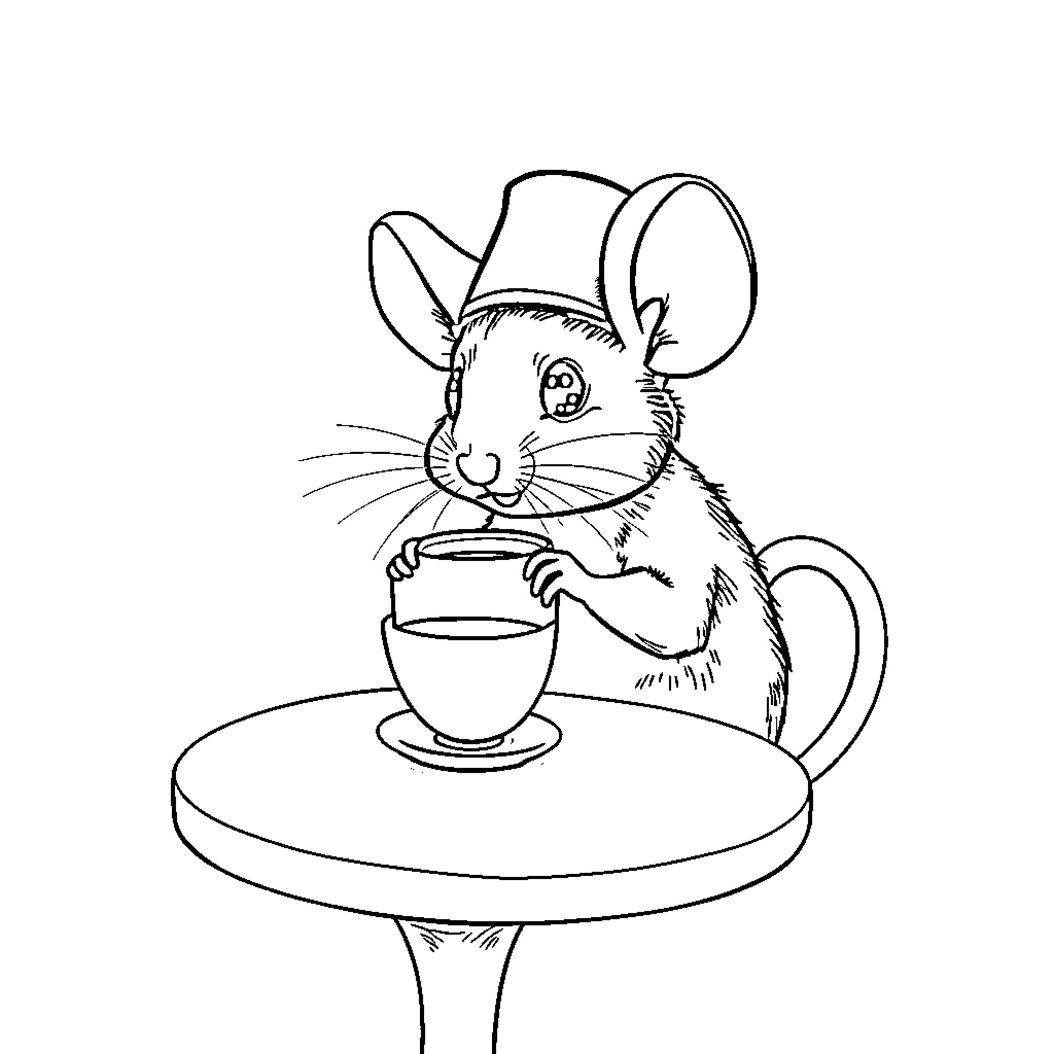 Mouse chef serving coffee in cozy cafe Coloring Page (free black-and-white line drawing printable PDF for all, from beginners to advanced learners, including children, teens, adults, and seniors)