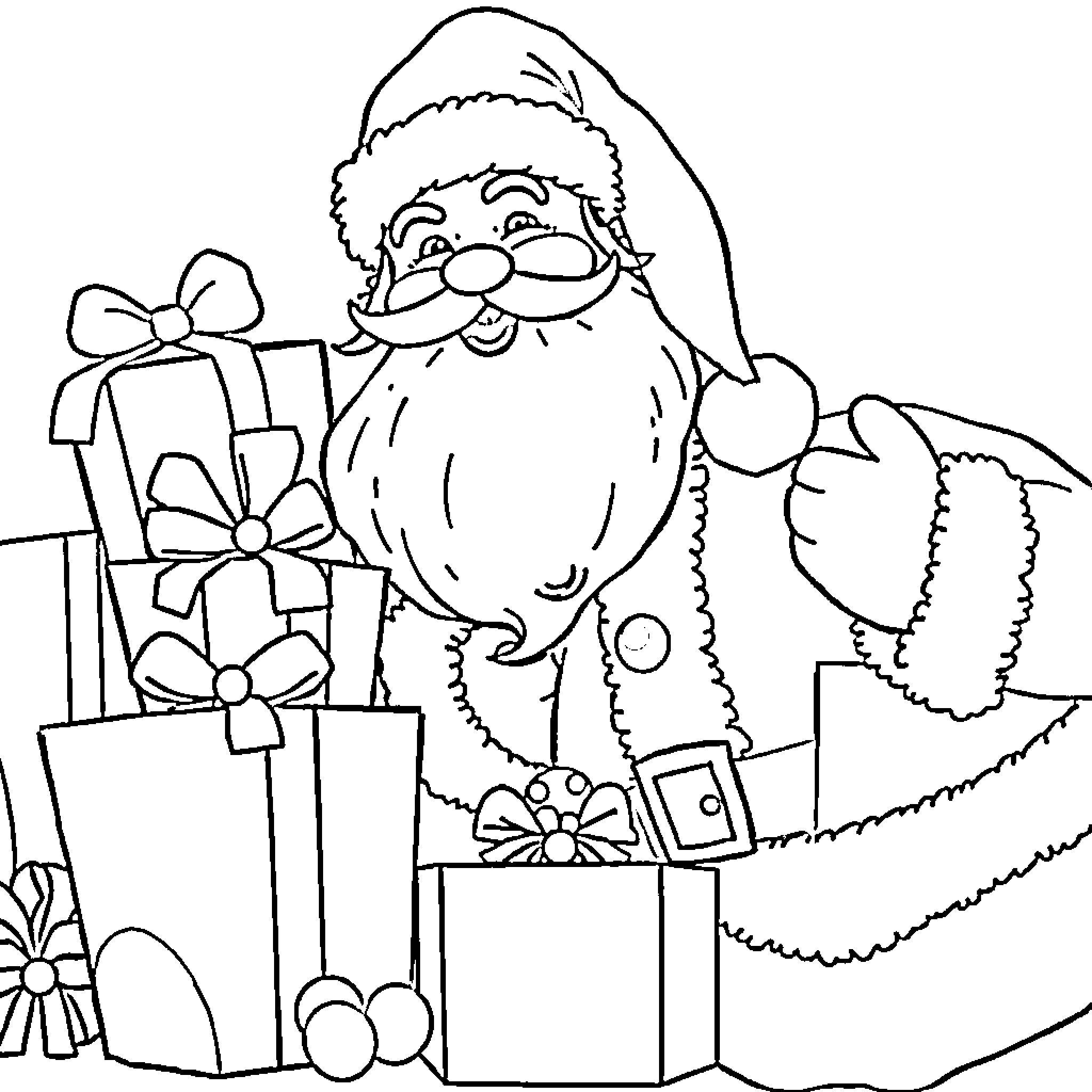 Christmas Gift with Jolly Santa Claus and Presents Coloring Page (free black-and-white line drawing printable PDF for all, from beginners to advanced learners, including children, teens, adults, and seniors)