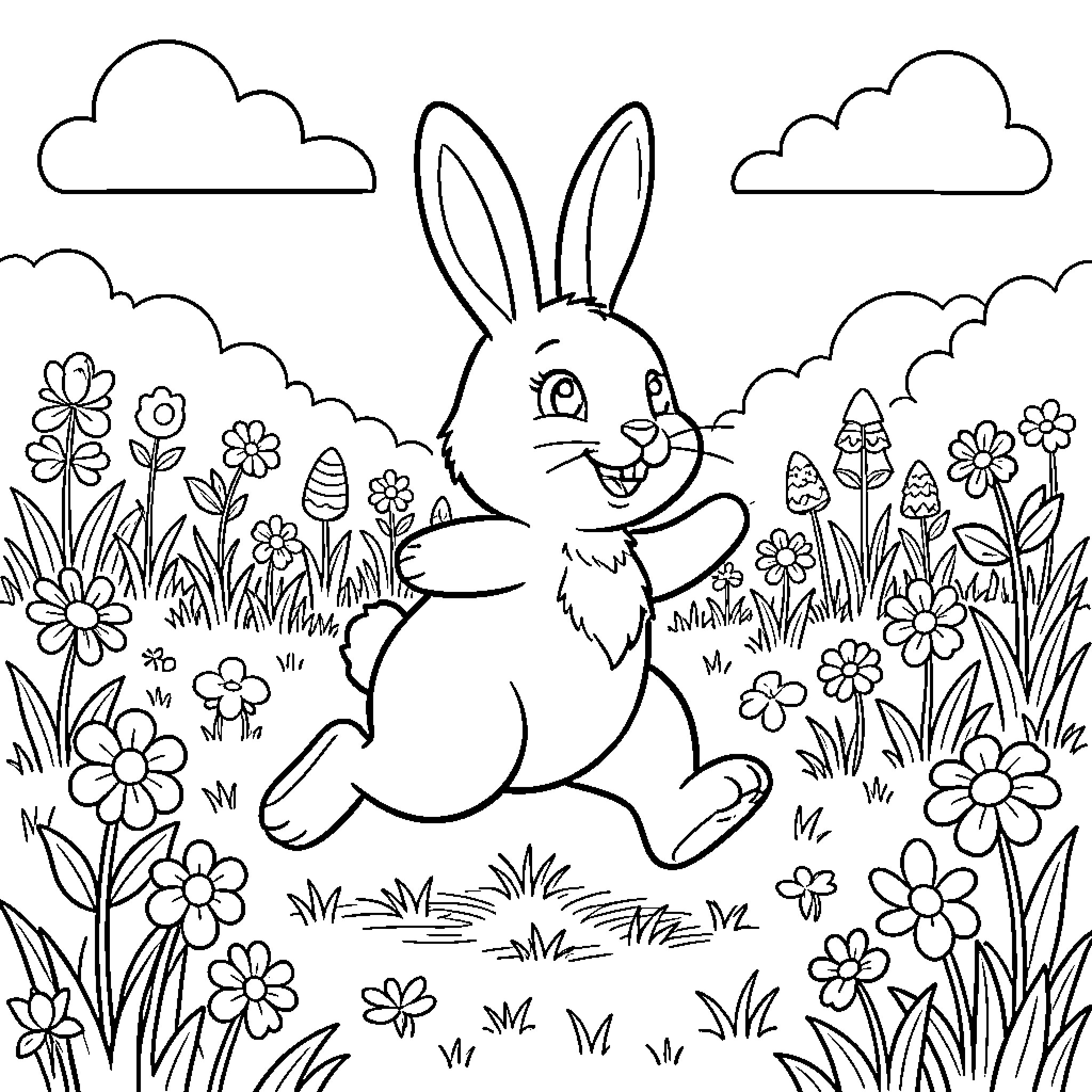 Easter Bunny Hopping Through Flowery Garden Coloring Page (free black-and-white line drawing printable PDF for all, from beginners to advanced learners, including children, teens, adults, and seniors)