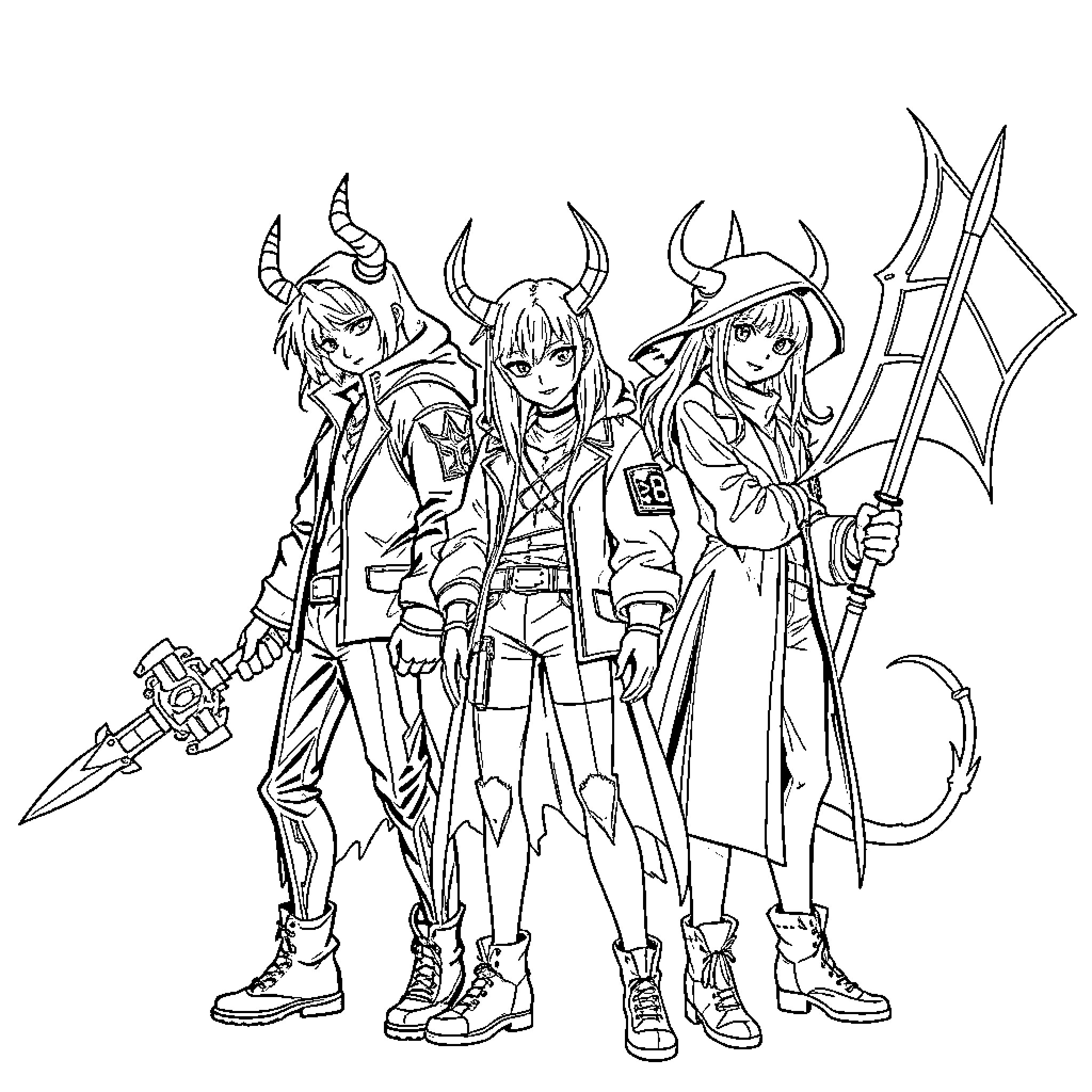Demon Hunter Trio in Combat Attire Coloring Page (free black-and-white line drawing printable PDF for all, from beginners to advanced learners, including children, teens, adults, and seniors)