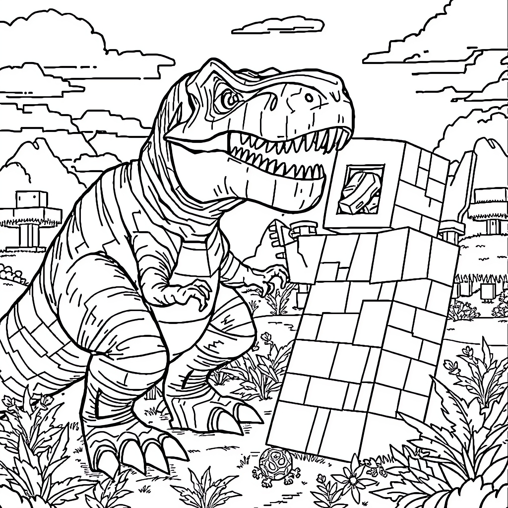 T-Rex Stomping Through a Prehistoric Landscape Coloring Page (free black-and-white line drawing printable PDF for all, from beginners to advanced learners, including children, teens, adults, and seniors)