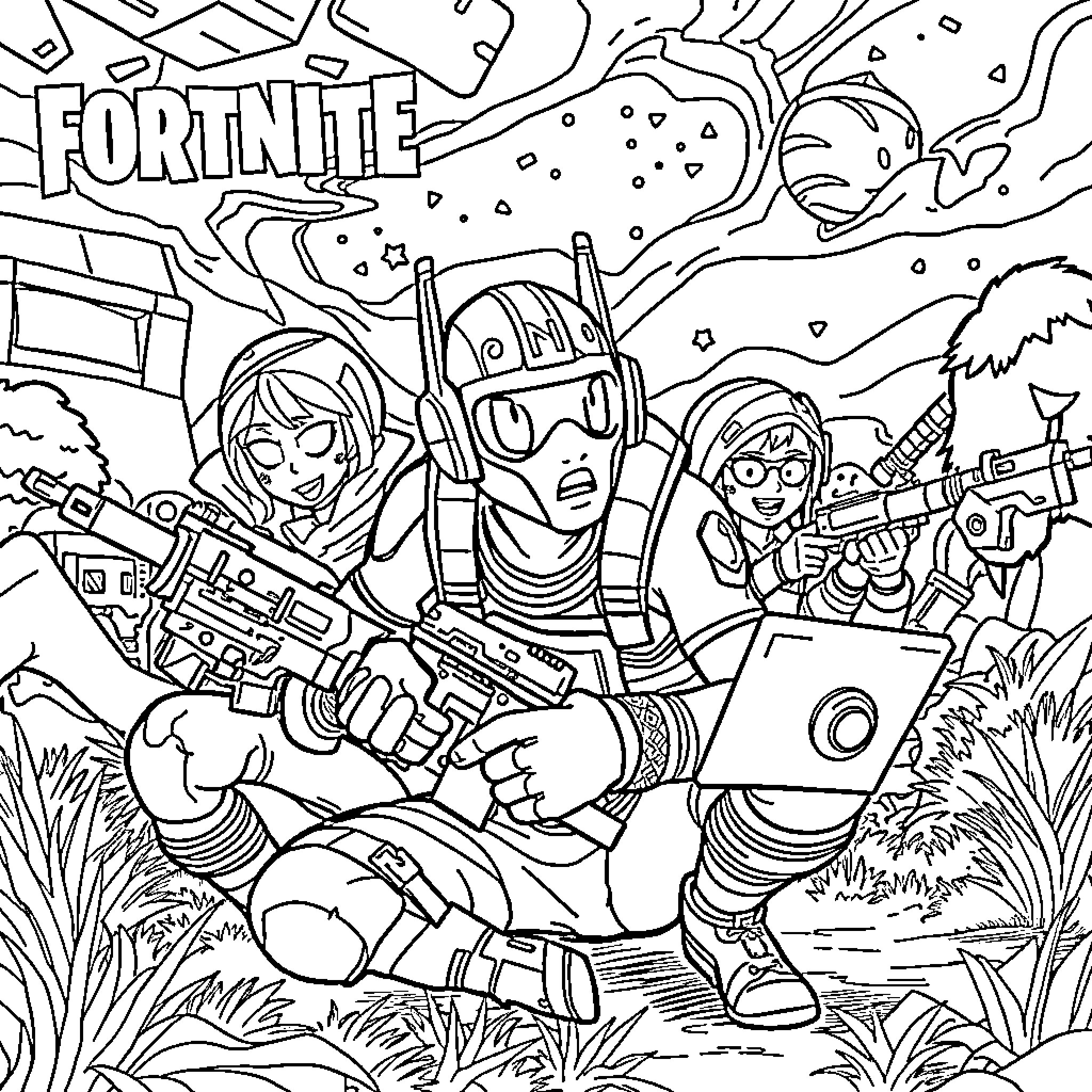 Brainrot: Fortnite characters in an action-packed scene Coloring Page (free black-and-white line drawing printable PDF for all, from beginners to advanced learners, including children, teens, adults, and seniors)