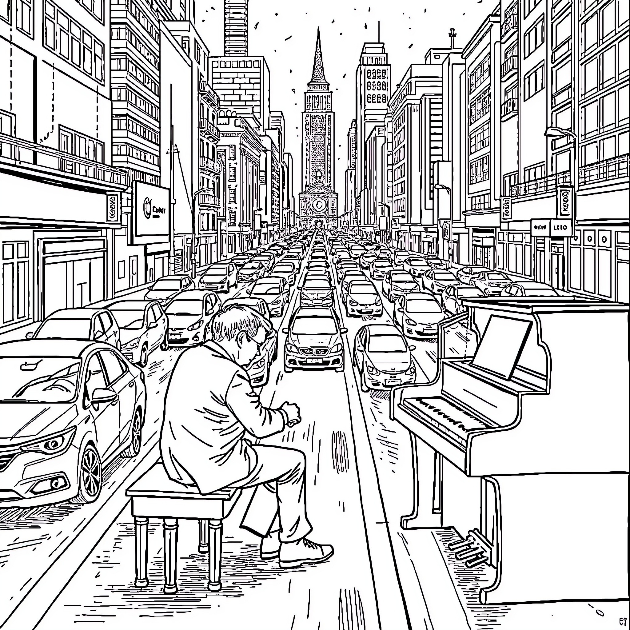 Pianist plays on busy city street Coloring Page (free black-and-white line drawing printable PDF for all, from beginners to advanced learners, including children, teens, adults, and seniors)