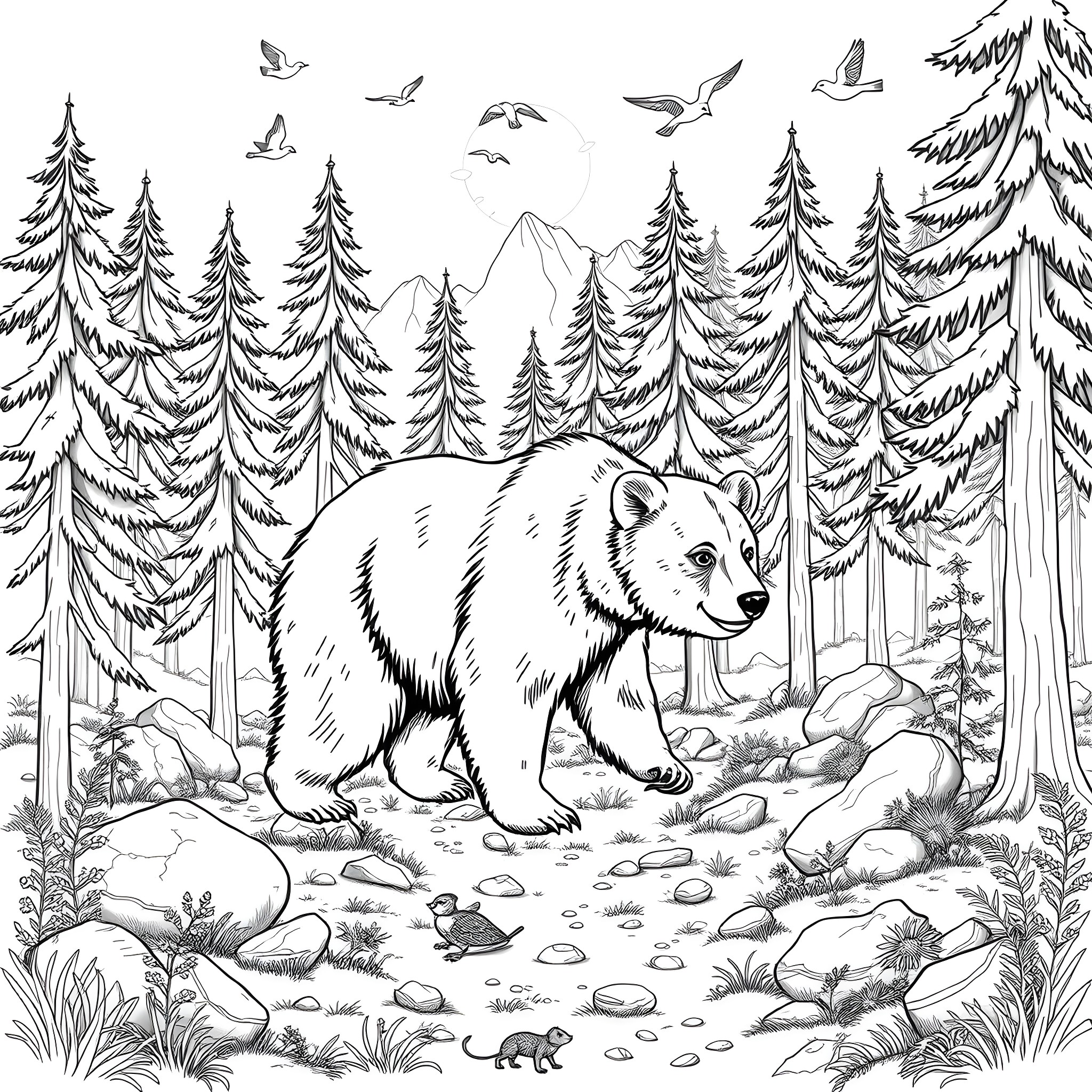 Bear roaming through the snowy forest Coloring Page (free black-and-white line drawing printable PDF for all, from beginners to advanced learners, including children, teens, adults, and seniors)