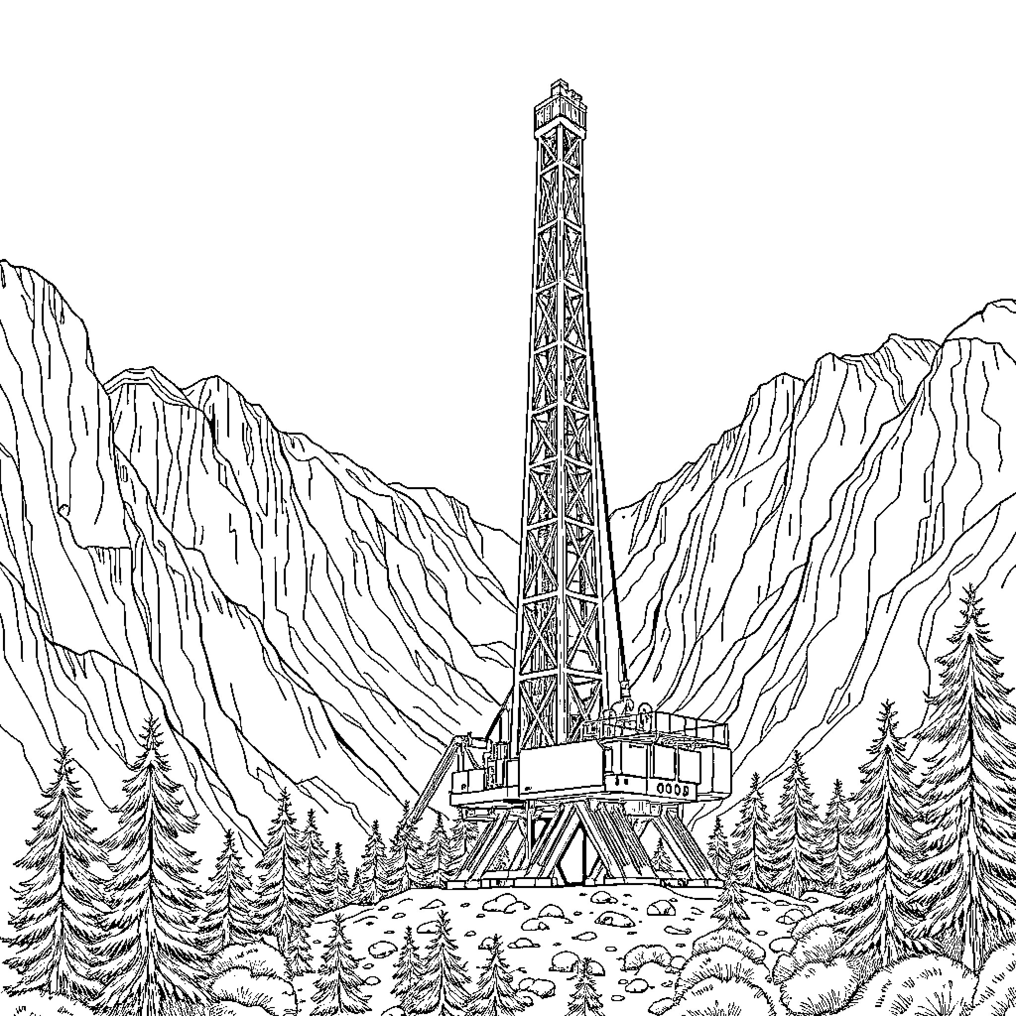 Drill Rig Towering over Rugged Mountain Landscape Coloring Page (free black-and-white line drawing printable PDF for all, from beginners to advanced learners, including children, teens, adults, and seniors)
