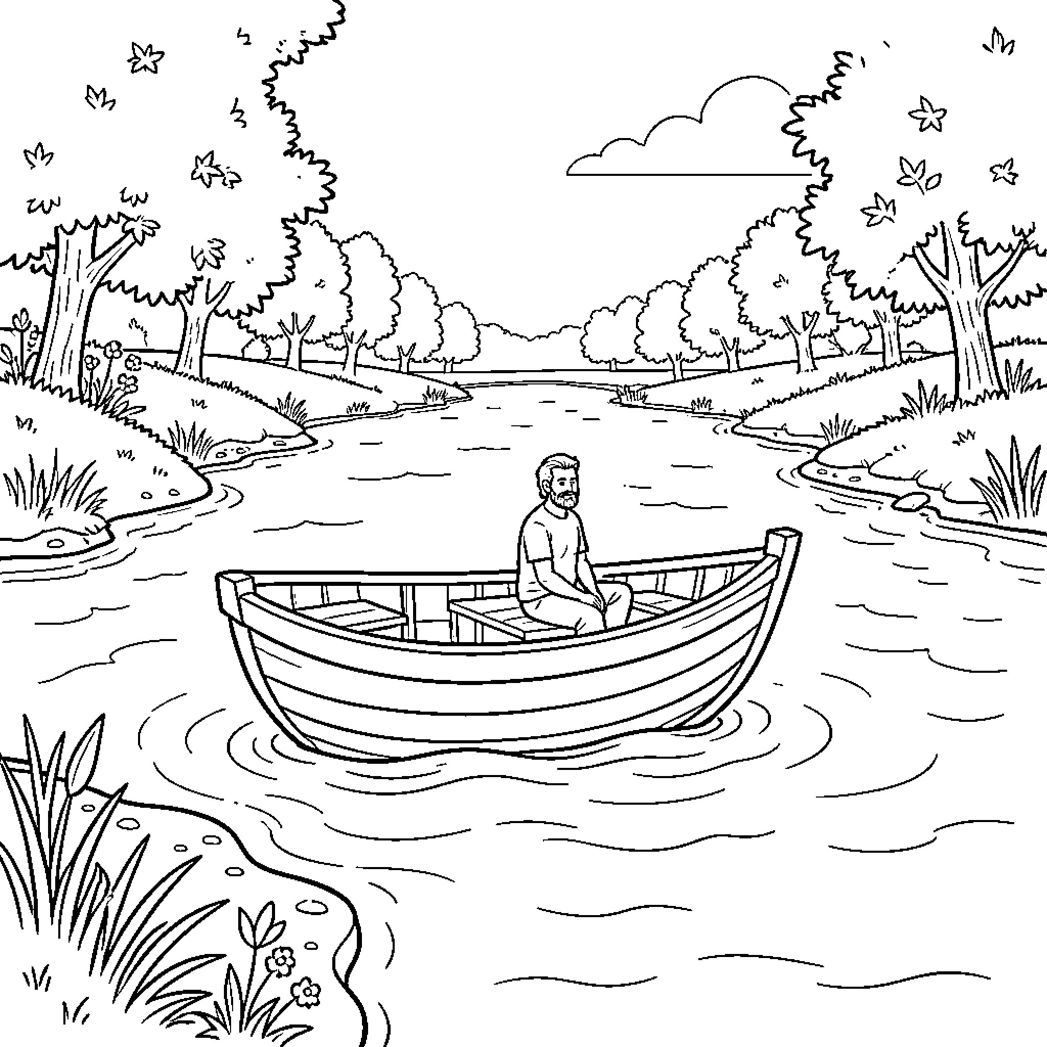 قارب يبحر به رجل وسط نهر هادئ Coloring Page (free black-and-white line drawing printable PDF for all, from beginners to advanced learners, including children, teens, adults, and seniors)