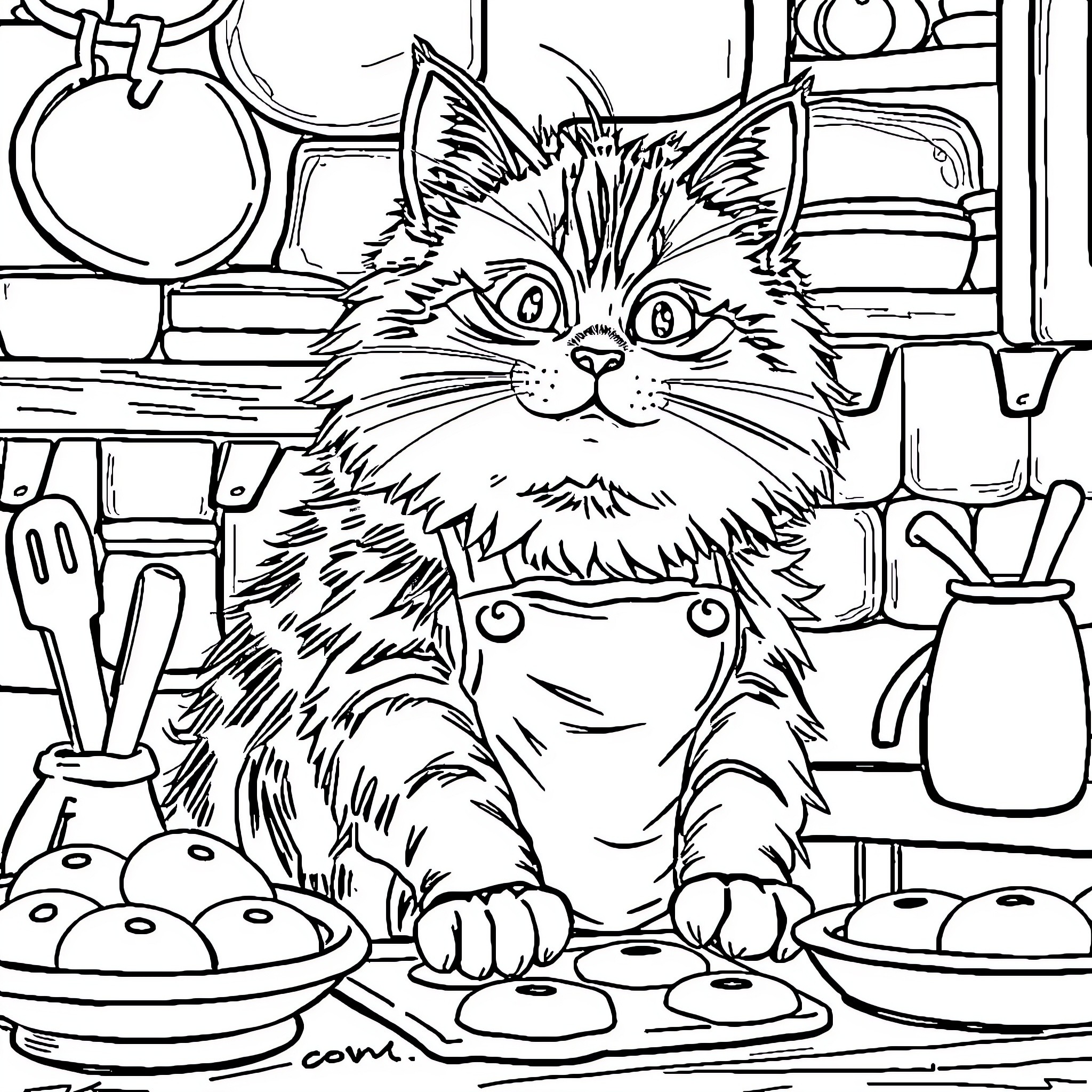Cat enjoying cooking in the kitchen Coloring Page (free black-and-white line drawing printable PDF for all, from beginners to advanced learners, including children, teens, adults, and seniors)