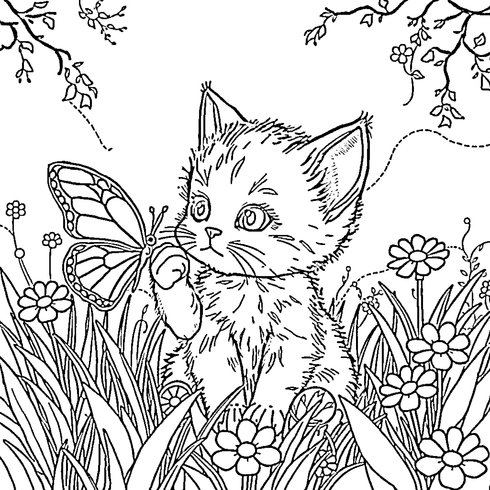 Kitty exploring the floral garden Coloring Page (free black-and-white line drawing printable PDF for all, from beginners to advanced learners, including children, teens, adults, and seniors)