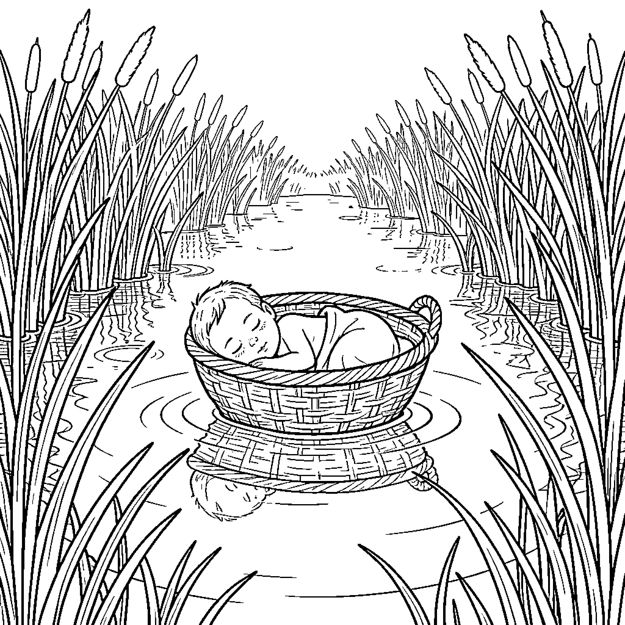Moses in the basket floating on the river Coloring Page (free black-and-white line drawing printable PDF for all, from beginners to advanced learners, including children, teens, adults, and seniors)