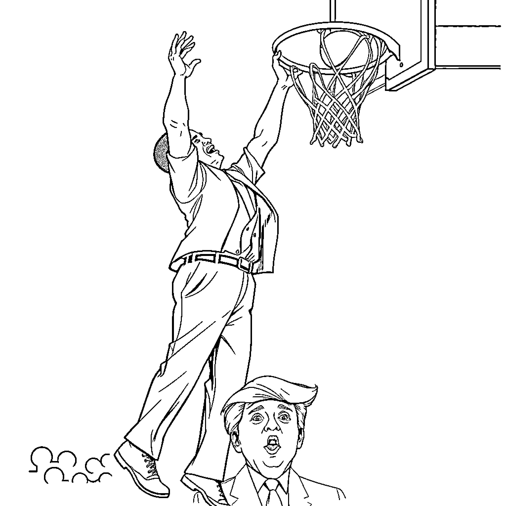 Obama playing basketball with enthusiasm Coloring Page (free black-and-white line drawing printable PDF for all, from beginners to advanced learners, including children, teens, adults, and seniors)