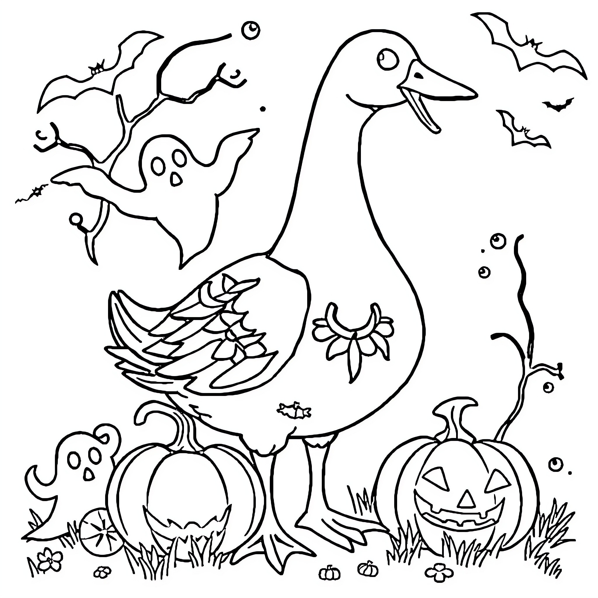 Goose in a whimsical Halloween scene Coloring Page (free black-and-white line drawing printable PDF for all, from beginners to advanced learners, including children, teens, adults, and seniors)