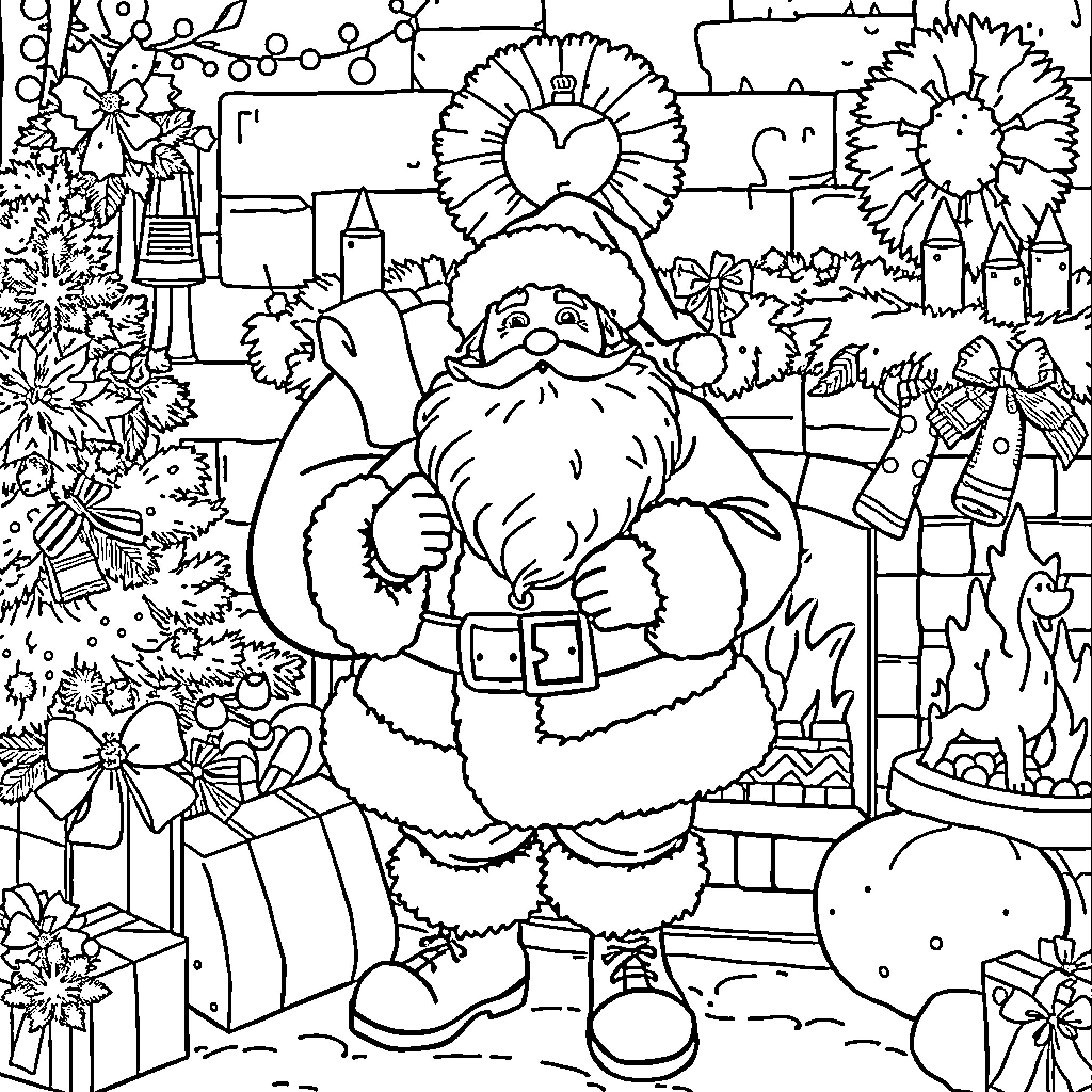 Santa Surrounded by Christmas Decorations and Gifts Coloring Page (free black-and-white line drawing printable PDF for all, from beginners to advanced learners, including children, teens, adults, and seniors)