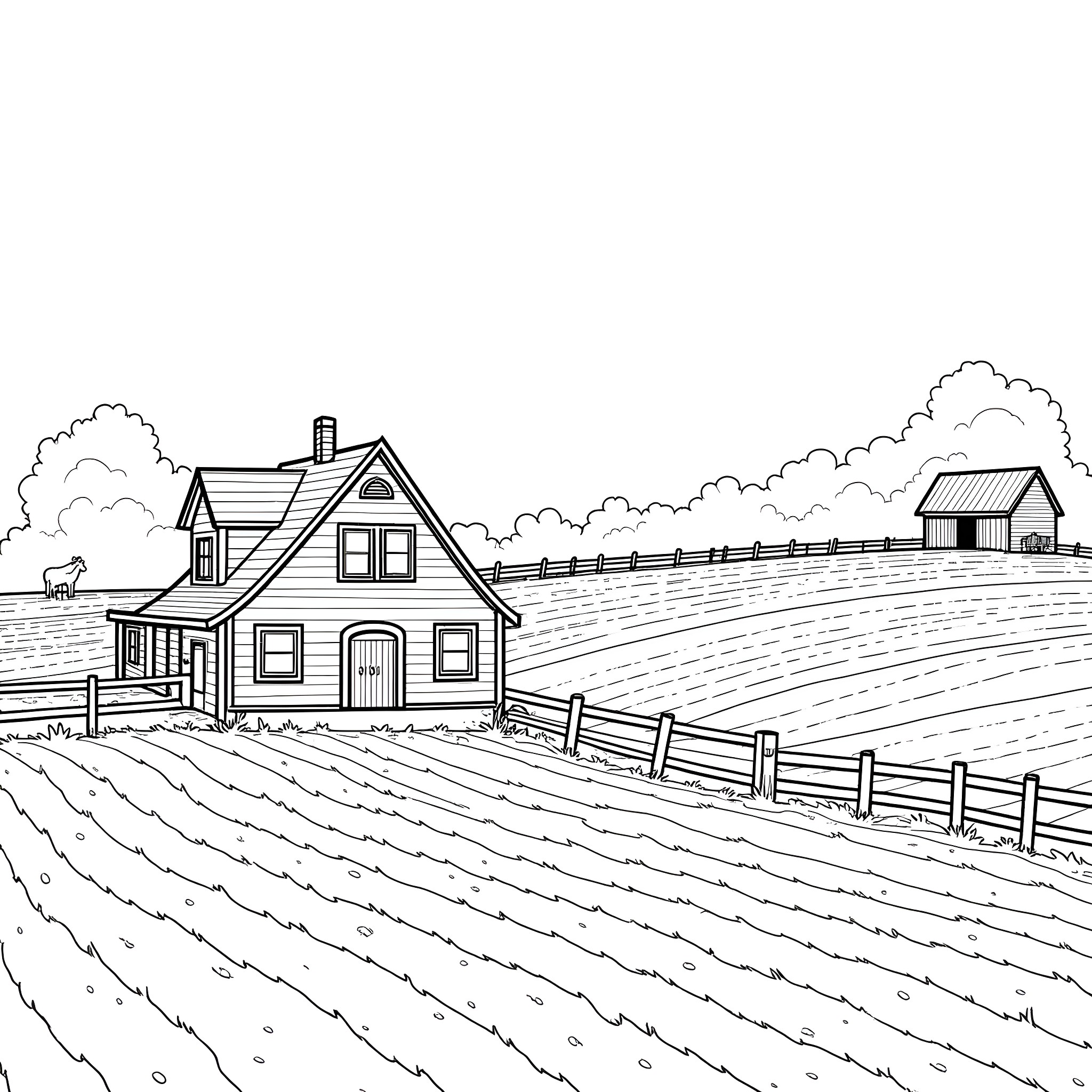 Farm House Scene with Fencing and Outbuildings Coloring Page (free black-and-white line drawing printable PDF for all, from beginners to advanced learners, including children, teens, adults, and seniors)