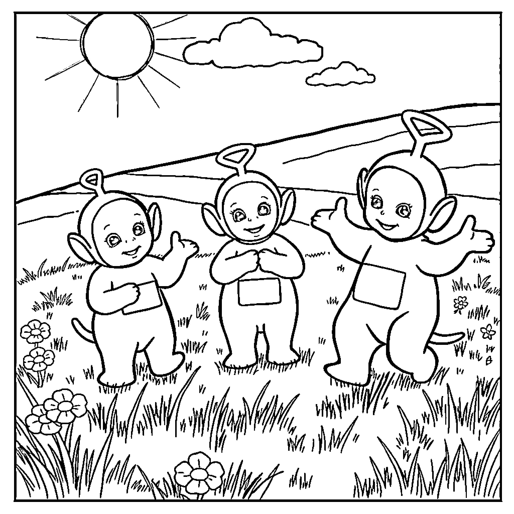 Teletubbies playing happily in a sunny field Coloring Page (free black-and-white line drawing printable PDF for all, from beginners to advanced learners, including children, teens, adults, and seniors)