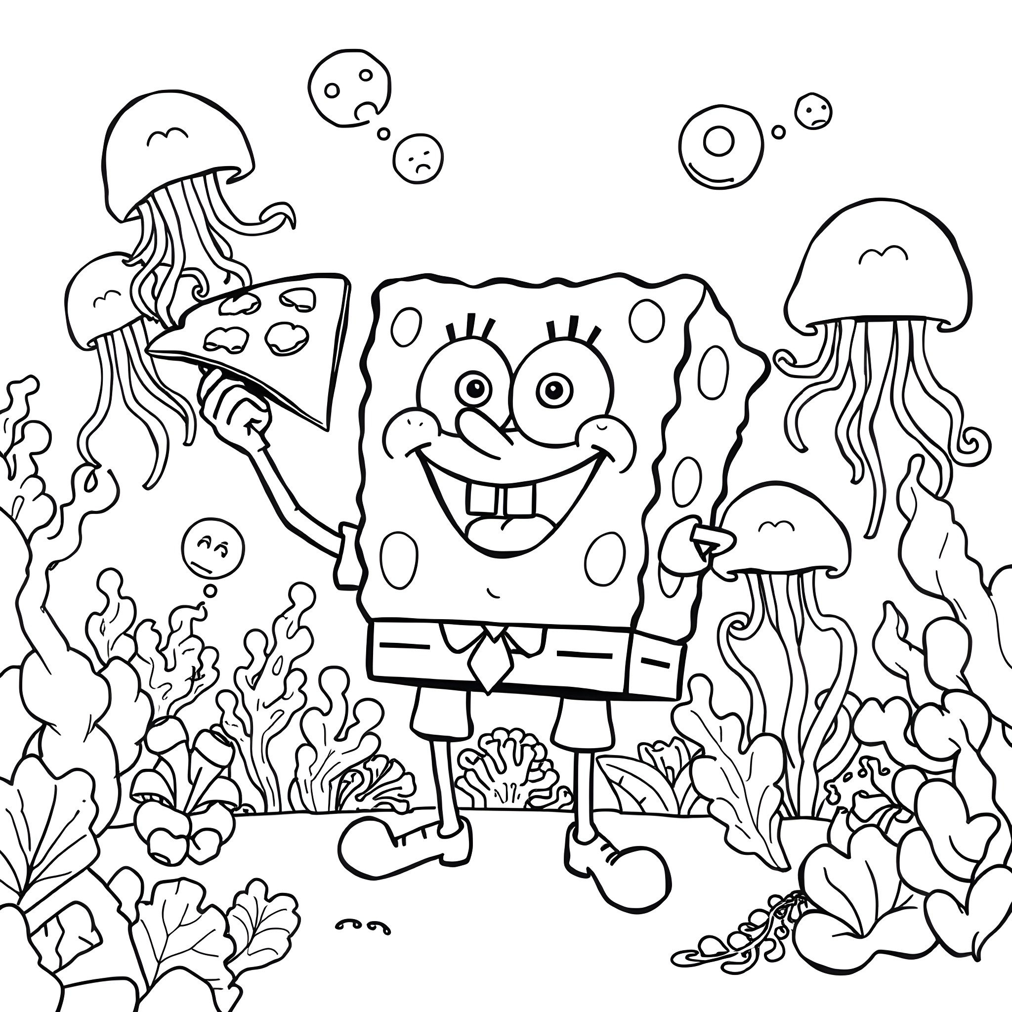 Spongebob in an underwater adventure with jellyfish Coloring Page (free black-and-white line drawing printable PDF for all, from beginners to advanced learners, including children, teens, adults, and seniors)