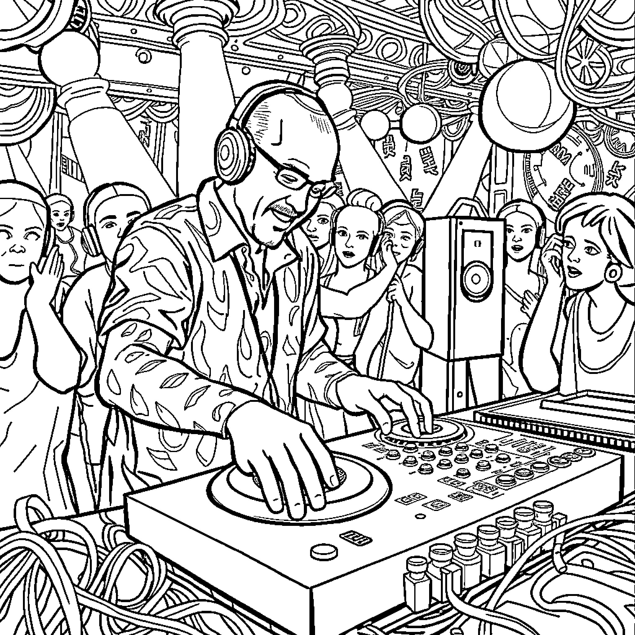 DJ Mixing Music at a Lively Party Coloring Page (free black-and-white line drawing printable PDF for all, from beginners to advanced learners, including children, teens, adults, and seniors)