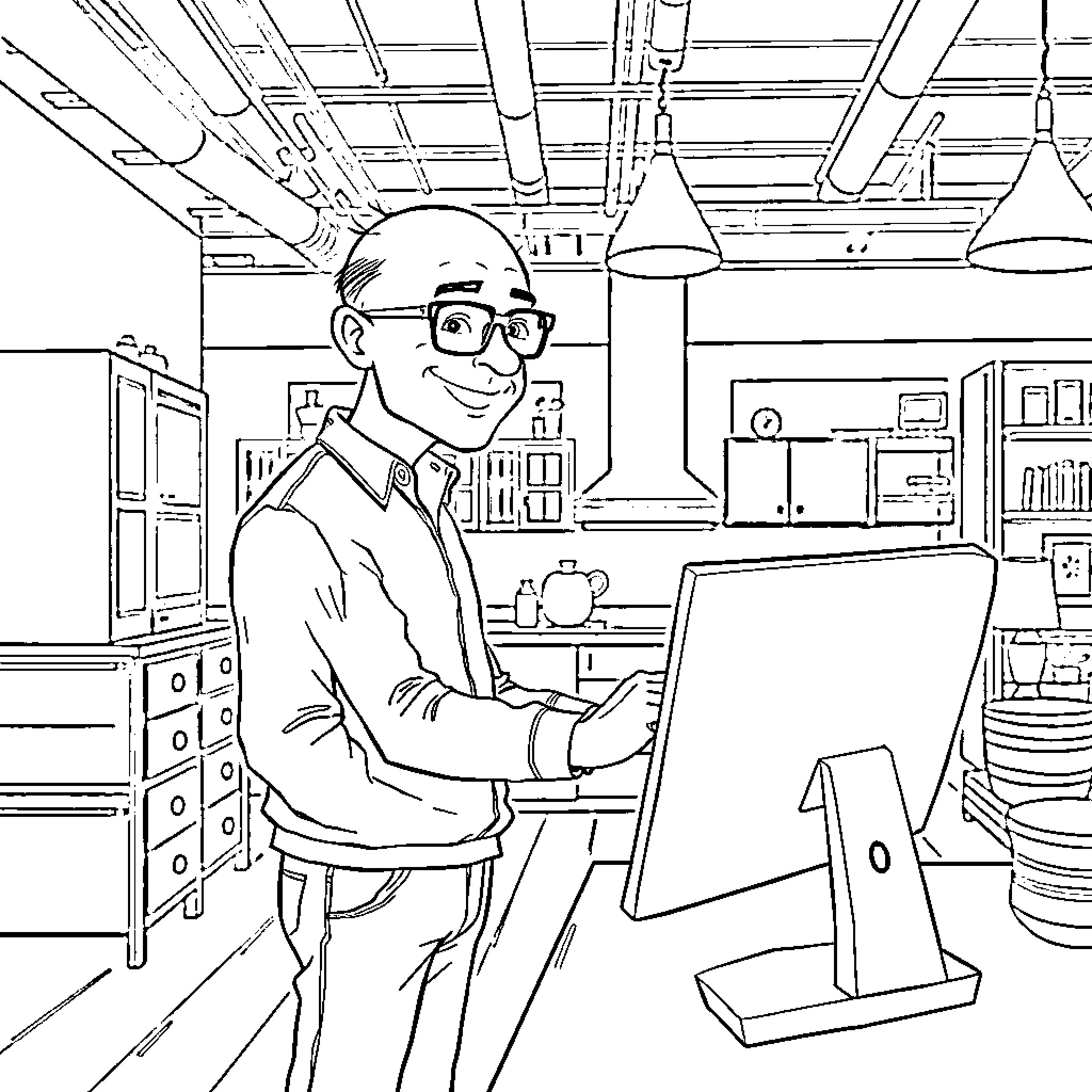 Man working diligently at his desk in the office Coloring Page (free black-and-white line drawing printable PDF for all, from beginners to advanced learners, including children, teens, adults, and seniors)