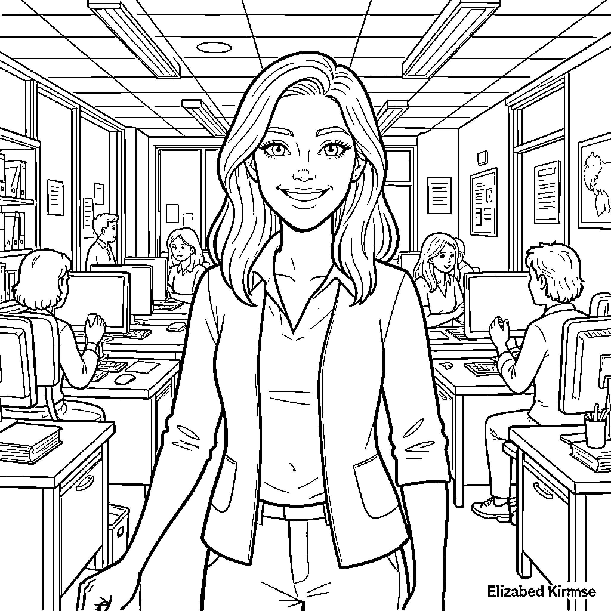 Elizabeth Kirmse smiling in a busy office setting Coloring Page (free black-and-white line drawing printable PDF for all, from beginners to advanced learners, including children, teens, adults, and seniors)