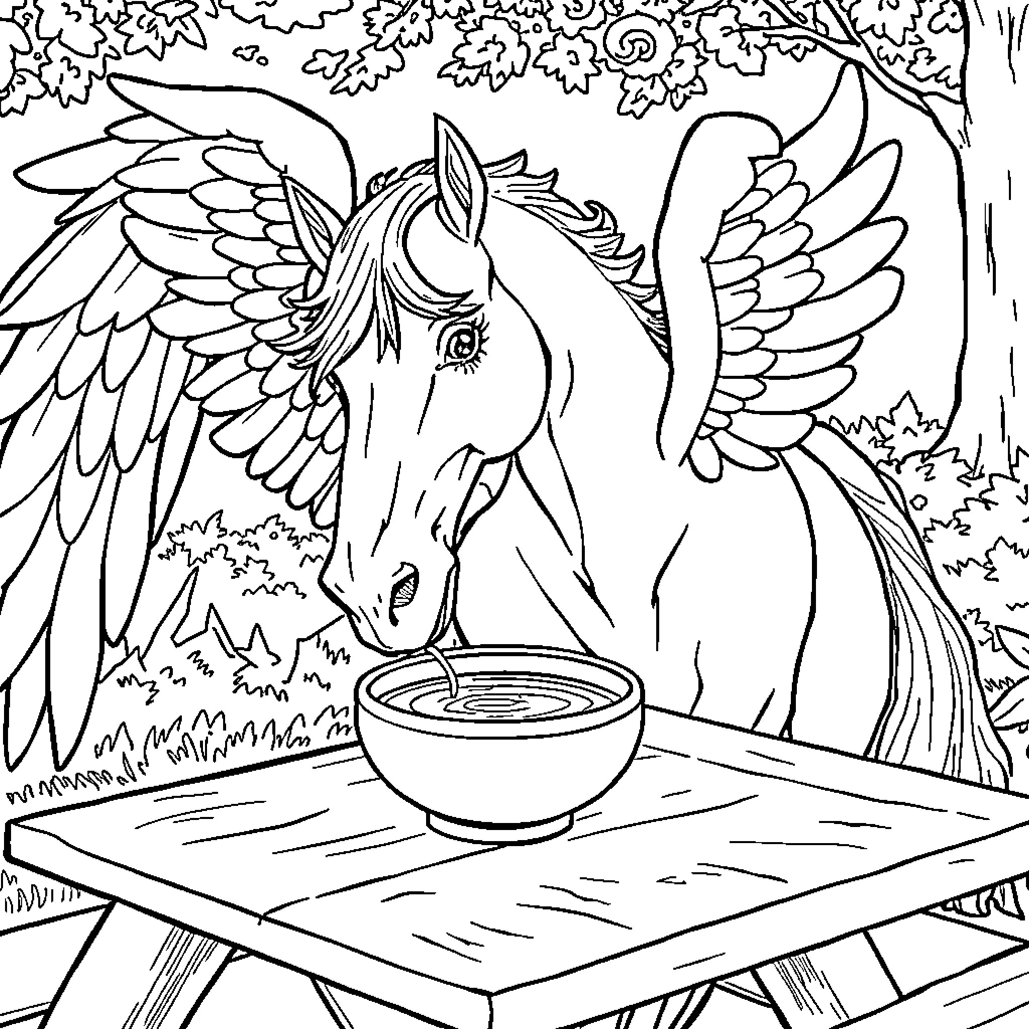 Pegasus drinking from a pond in a mystical forest Coloring Page (free black-and-white line drawing printable PDF for all, from beginners to advanced learners, including children, teens, adults, and seniors)